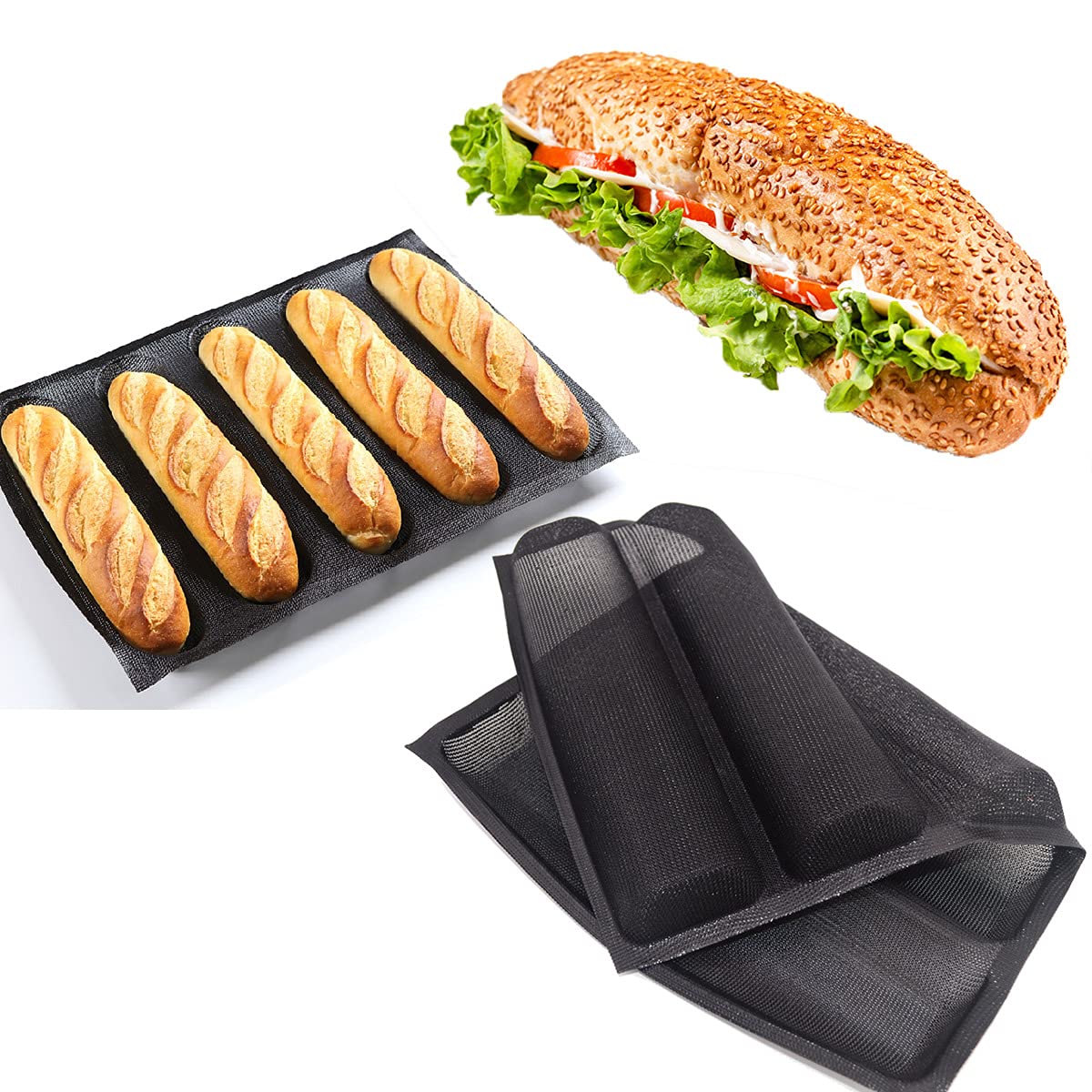 Masteymoh 5-Cavity French Bread Baking Pan, Hoagie Rolls Pan, Soft Foldable For Easy Storage, Non-Stick, Bpa-Free, 17.2'' X 12.2