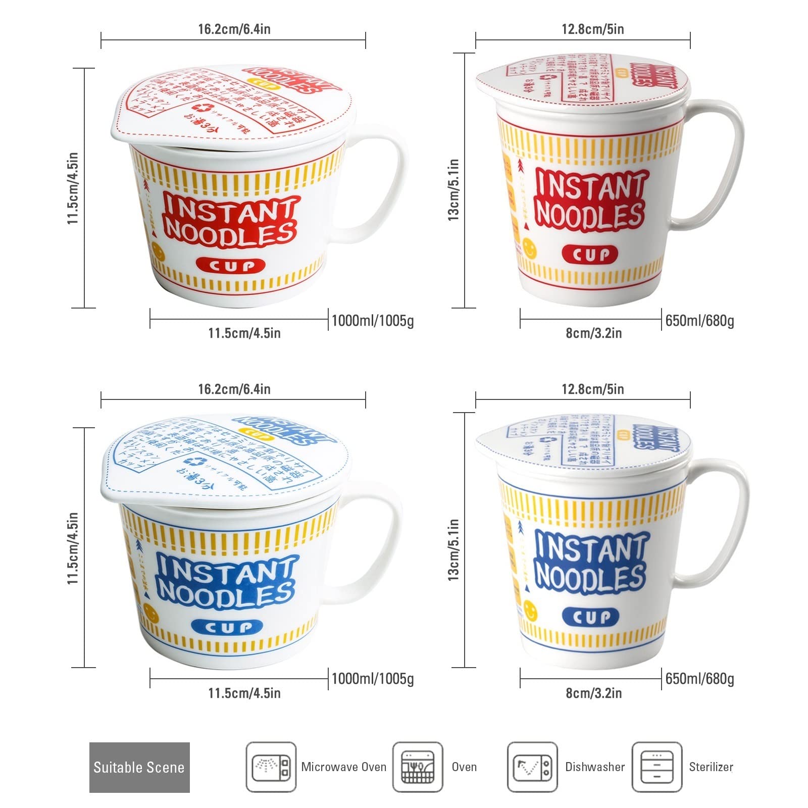 Hanghaijia Instant Noodle Bowl Ceramic With Cover, Creative Ramen Soup Bowl Mug Cover Student Lunch Box Bowl (Color : Red, Size