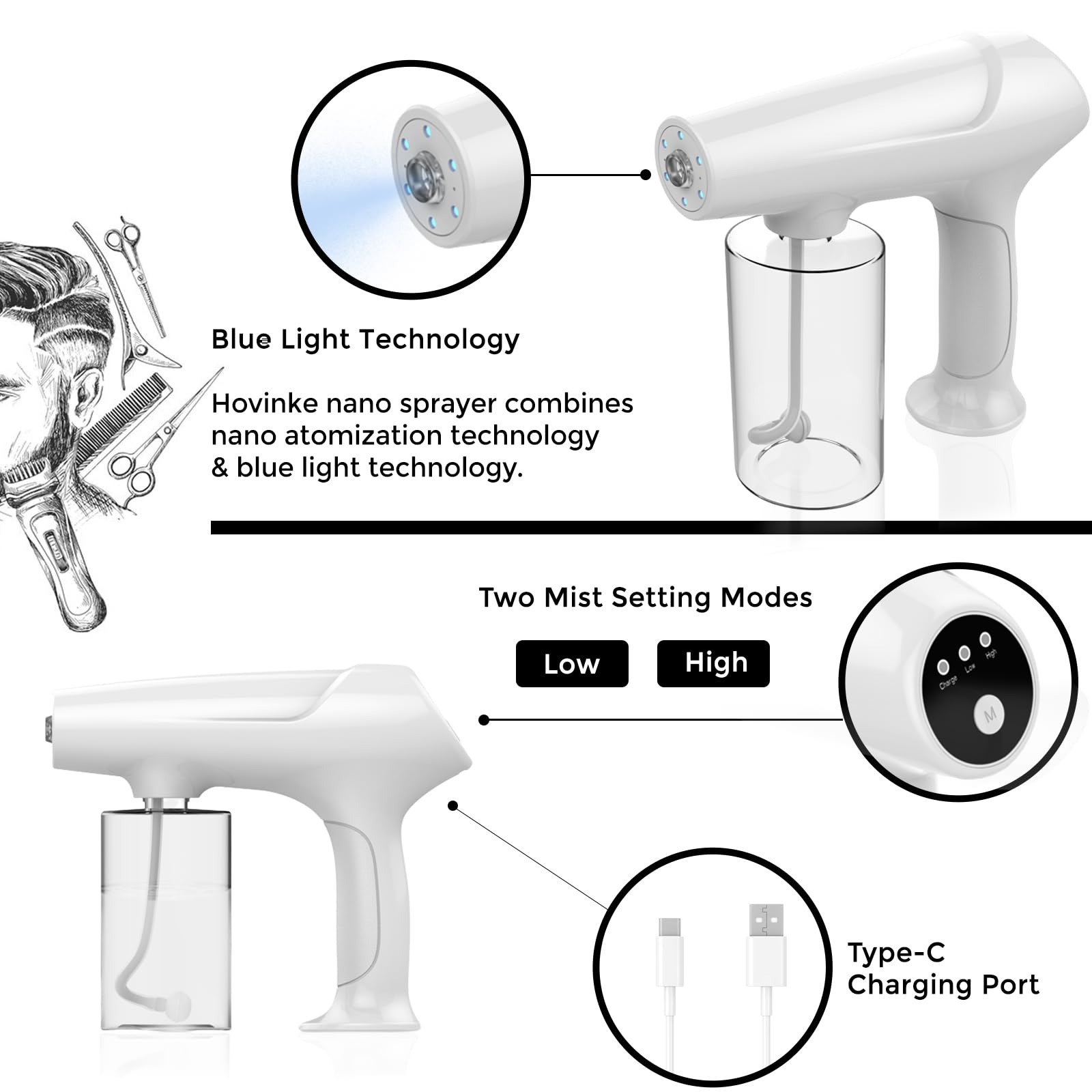 Hovinke Barber Nano Spray,Cordless Portable Water Sprayer, Usb-C Rechargeable For Barber, Salon, Home