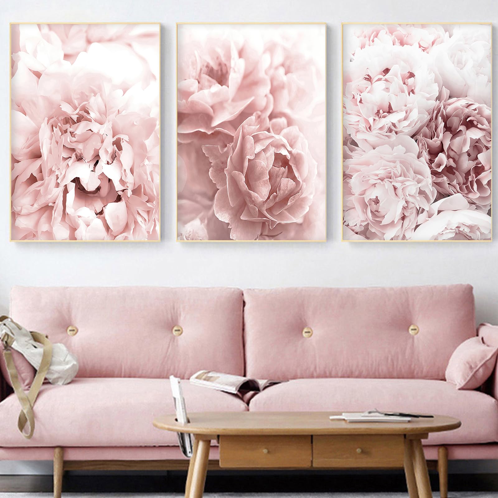 Backymrjcart Modern Flower Art Prints Pink Peony Poster Light Pink Rose Wall Art Peony Roses Art Canvas Painting Girls Bedroom D
