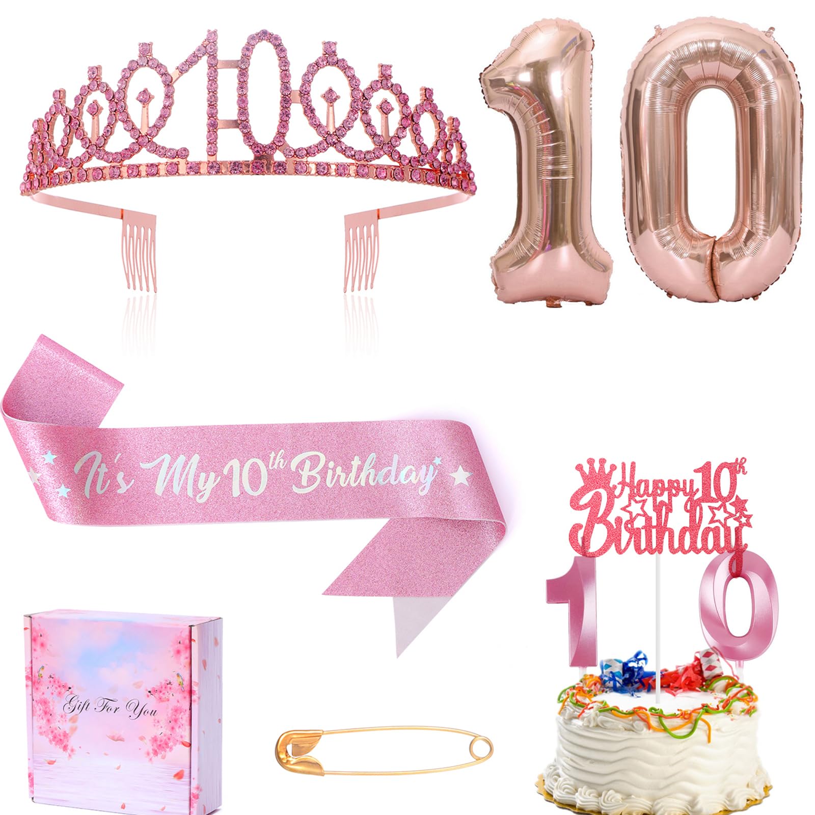 10Th Birthday Candle Sash And Tiara,It'S My 10Th Birthday Sash Rhinestone Crown Happy Birthday Cake Topper Foil 10 Balloon For G