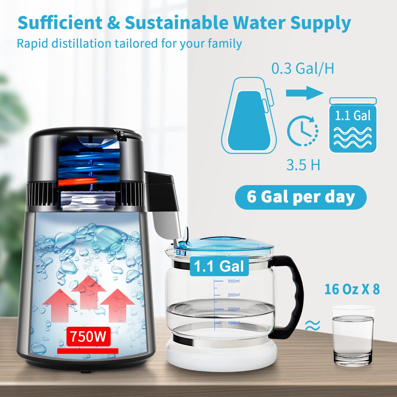 Vevor 1.1 Gal Water Distiller, 0.3 Gal/H, Distilled Water Maker Machine, 750W, 304 Stainless Steel Countertop Distiller, Glass C
