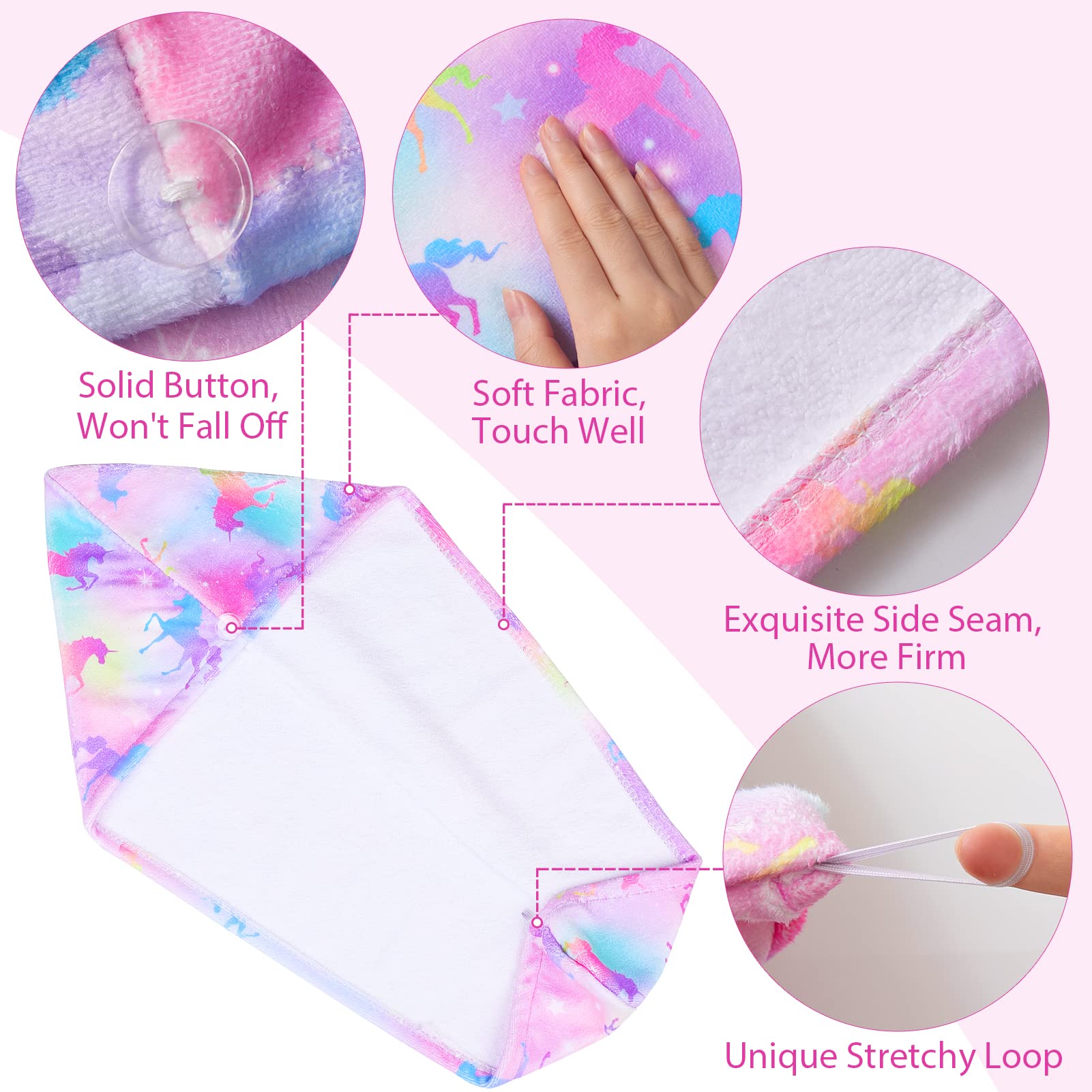 Basumee Microfiber Hair Towel Wrap for Kids 2 Pack Rapid Drying Hair Towel with Button Hair Turbans for Wet Hair Wraps Head Towe