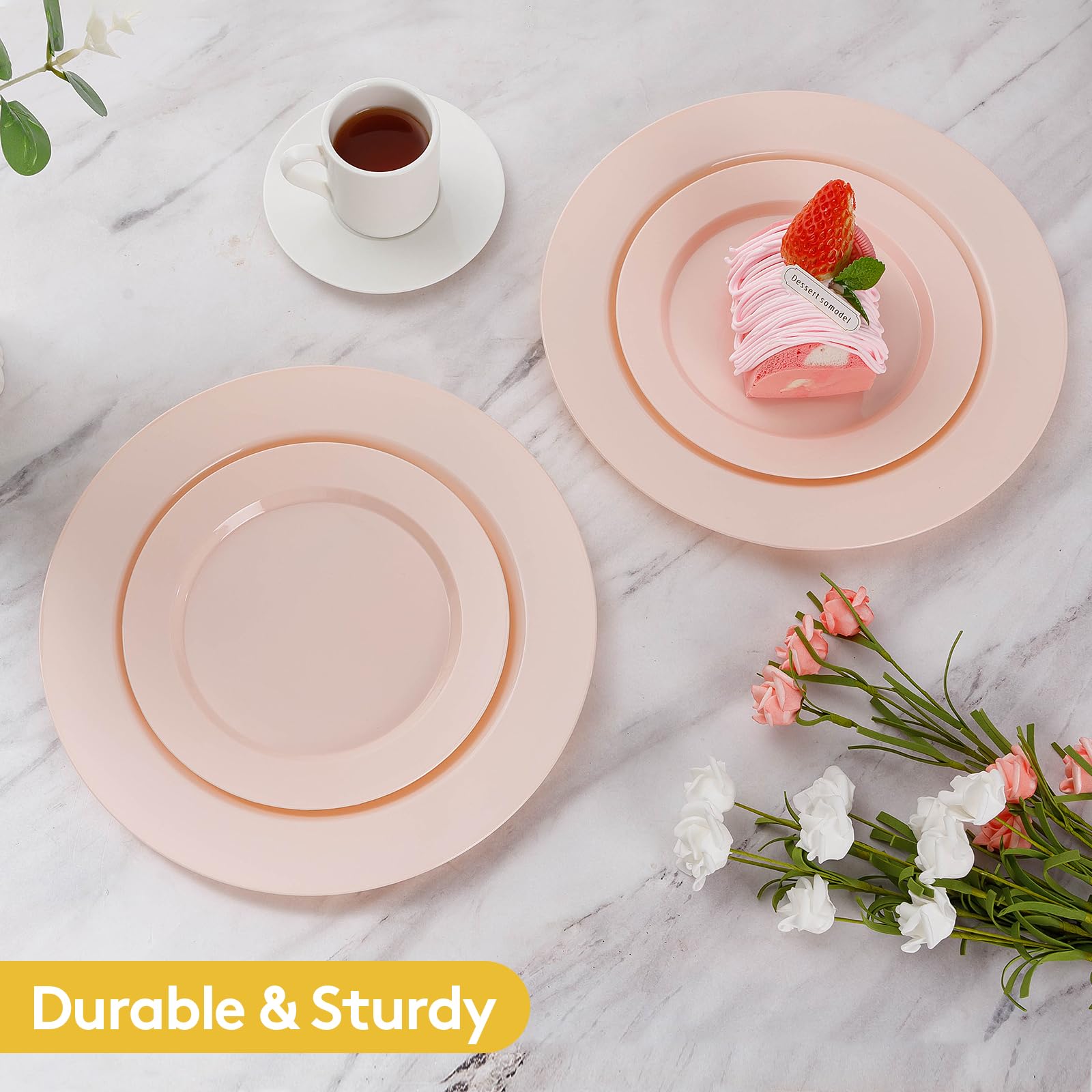 Goodluck 200Pcs Disposable Pink Plastic Plates, Heavy Duty Disposable Plates With 100 10.25 Inch Plastic Dinner Plates And 100 7