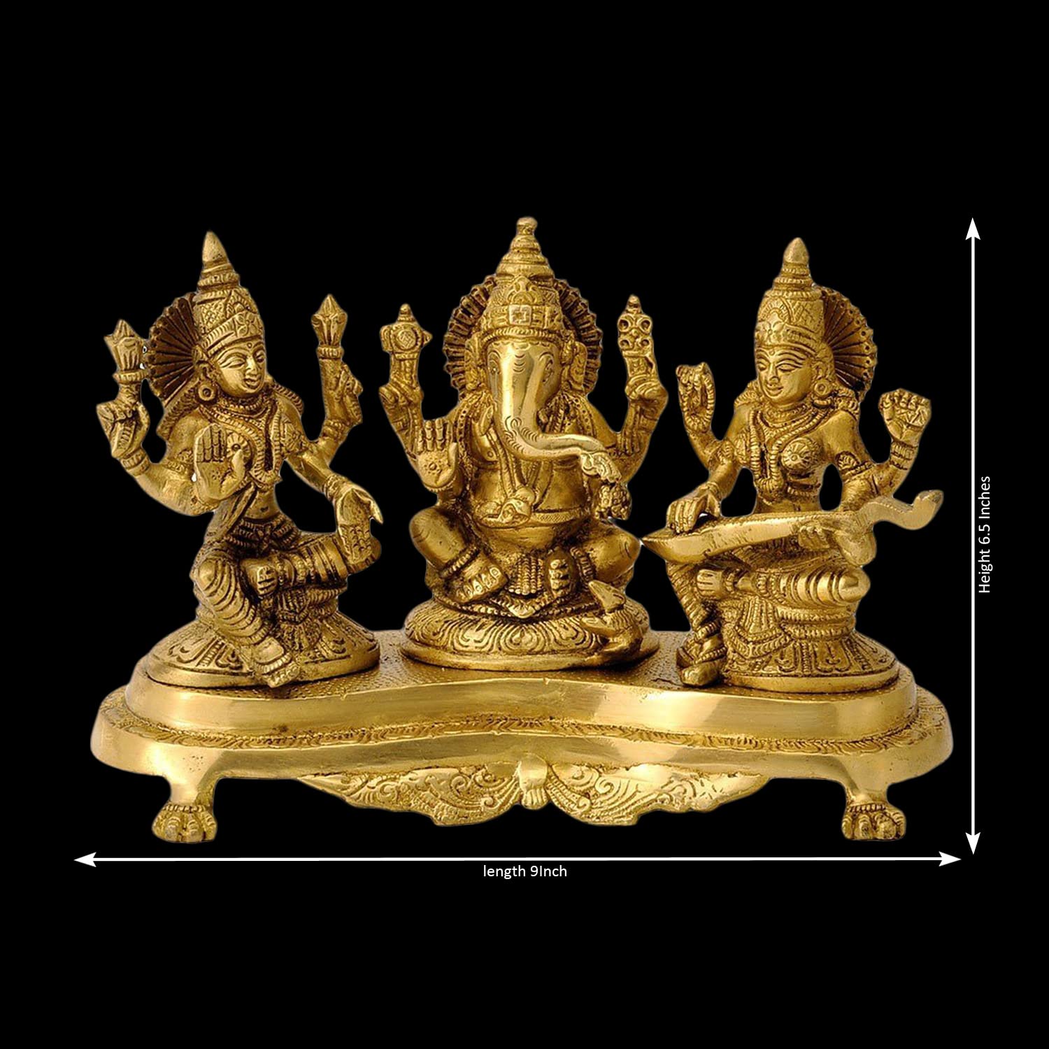 Kartique Brass Laxmi Ganesh Saraswati Idol | Ganesha Statue | Ganpati Murti | For Home Decor | Gift | (Gold)