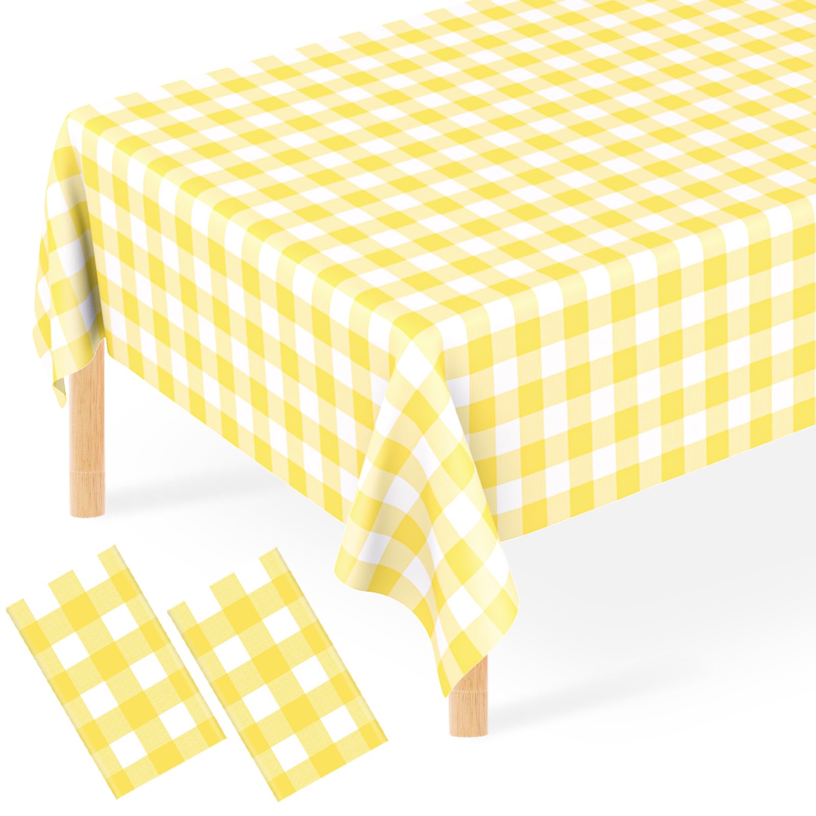 JCTHKUKU 2 Pcs Yellow Gingham Tablecloth, 54 x 108 Inch Disposable Plastic Yellow and White Checkered Table Covers for Picnic, B
