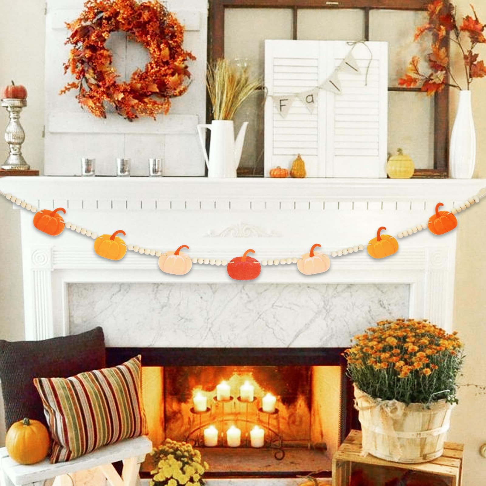 4.2 Ft Thanksgiving Day Wooden Beads Garland With Pumpkin Charms, Orange Autumn Theme Beaded Decor With Felt Pumpkin, Rustic Hal