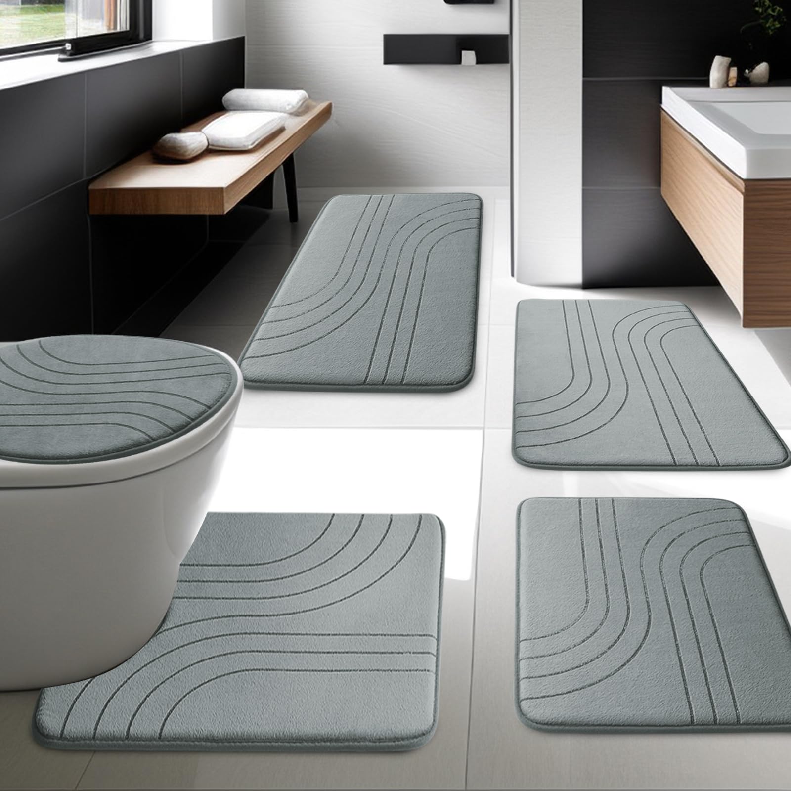 Yihouse Bathroom Rug Set 5 Pieces, Soft Non Slip Memory Foam Bath Mat Set, Extra Thick Bath Mats For Bathroom, Machine Washable