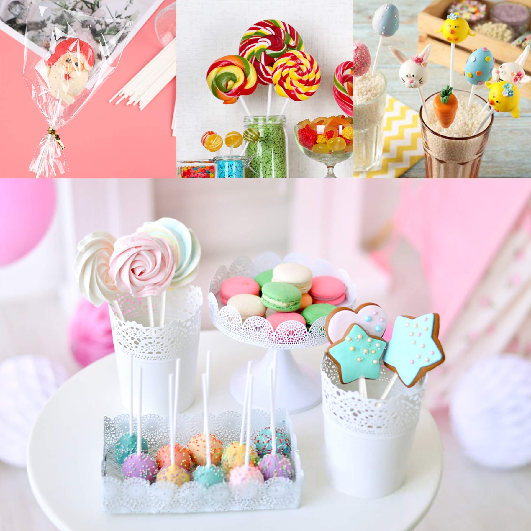 Augshy 300Pcs 6 Inches Cake Pops Making Tools 100Pcs Cake Pop Sticks 100Pcs Cake Pop Bags And 100Pcs Twist Ties (Thin Stick)
