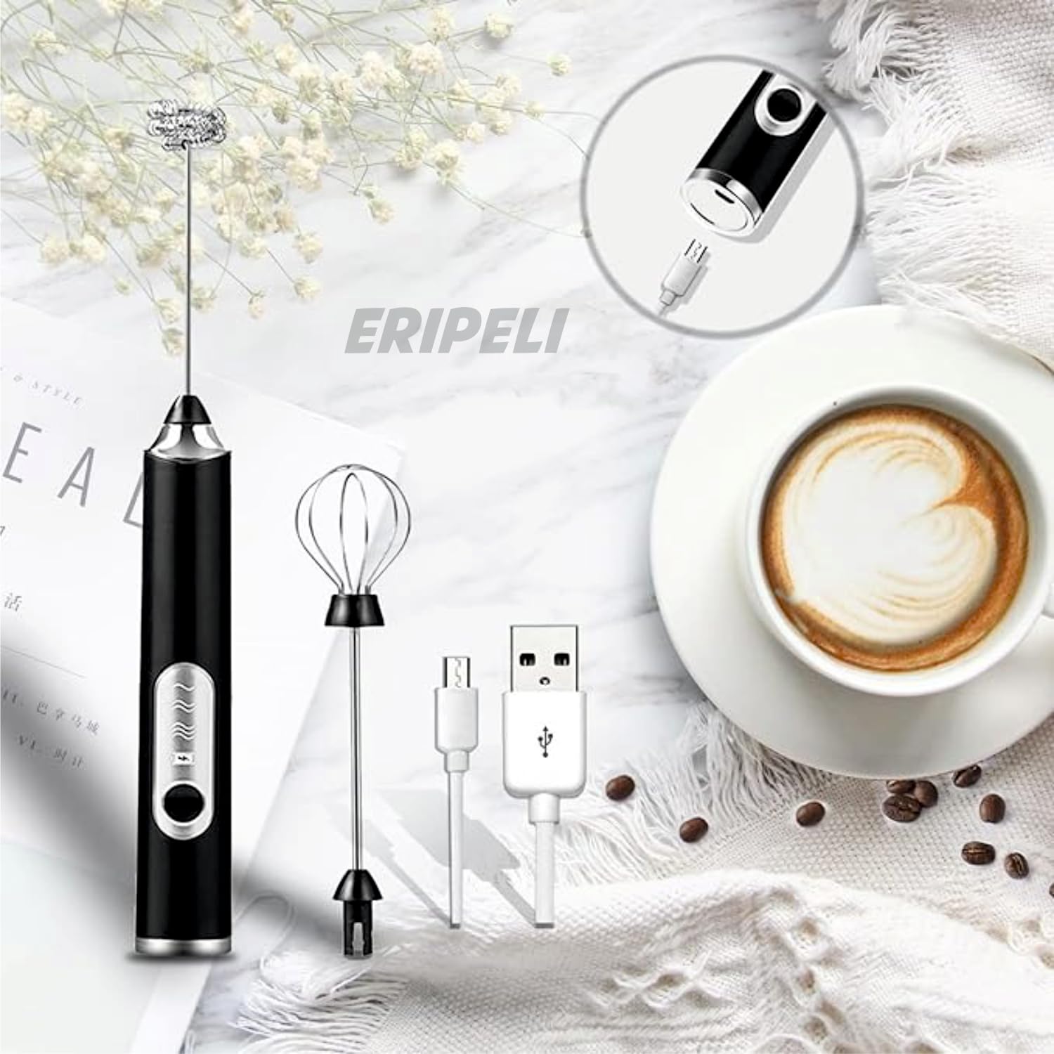 Eripeli Hand Blender Coffee Frother Milk Frother Usb Rechargeable Electric Foam Maker For Cappuccino Whisker Egg Beater, Black