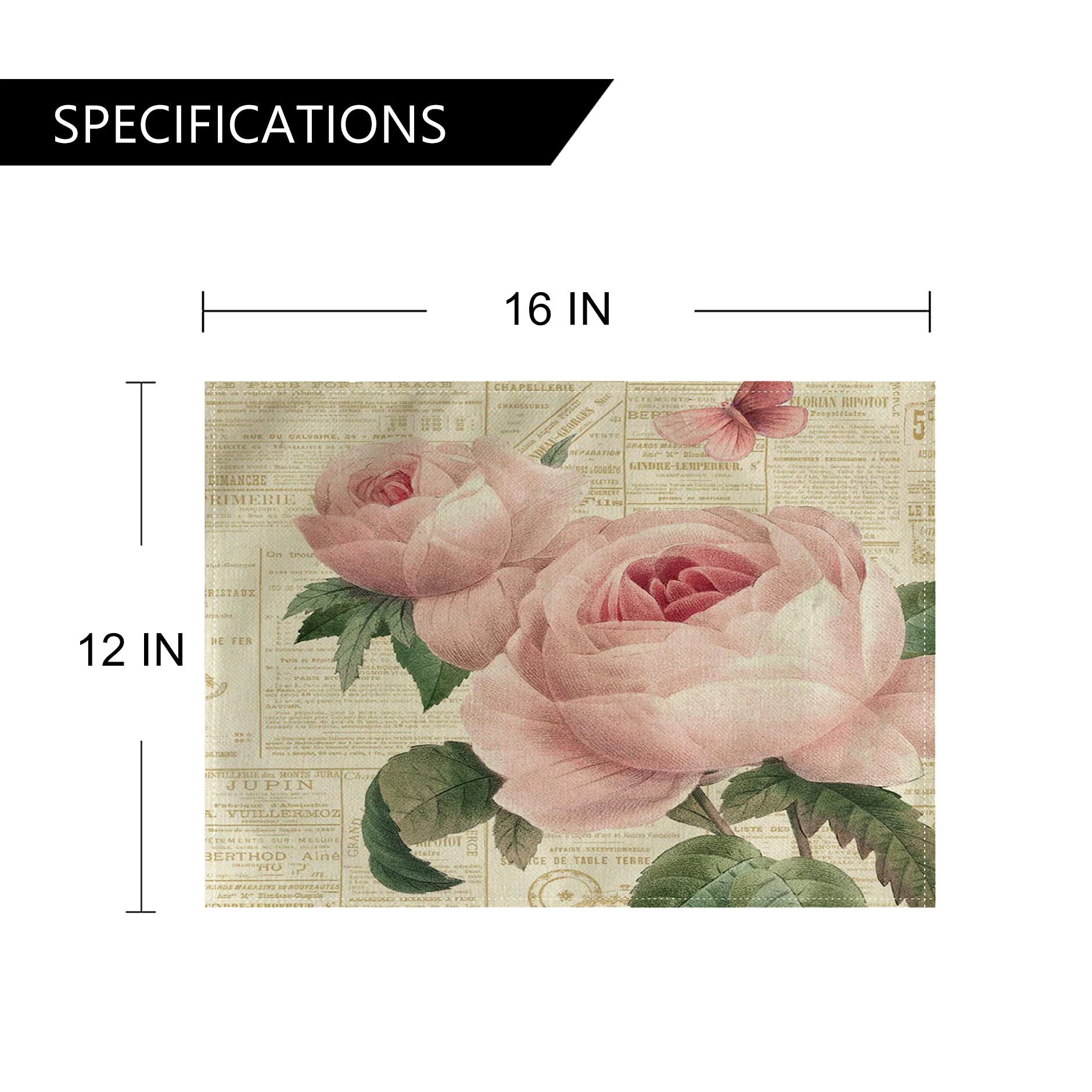 Rose Flower Table Mats Set Of 4 Vintage Shabby Chic Peach Pink Rose Floral Placemats Waterproof Heat Resistant Washable Non-Slip