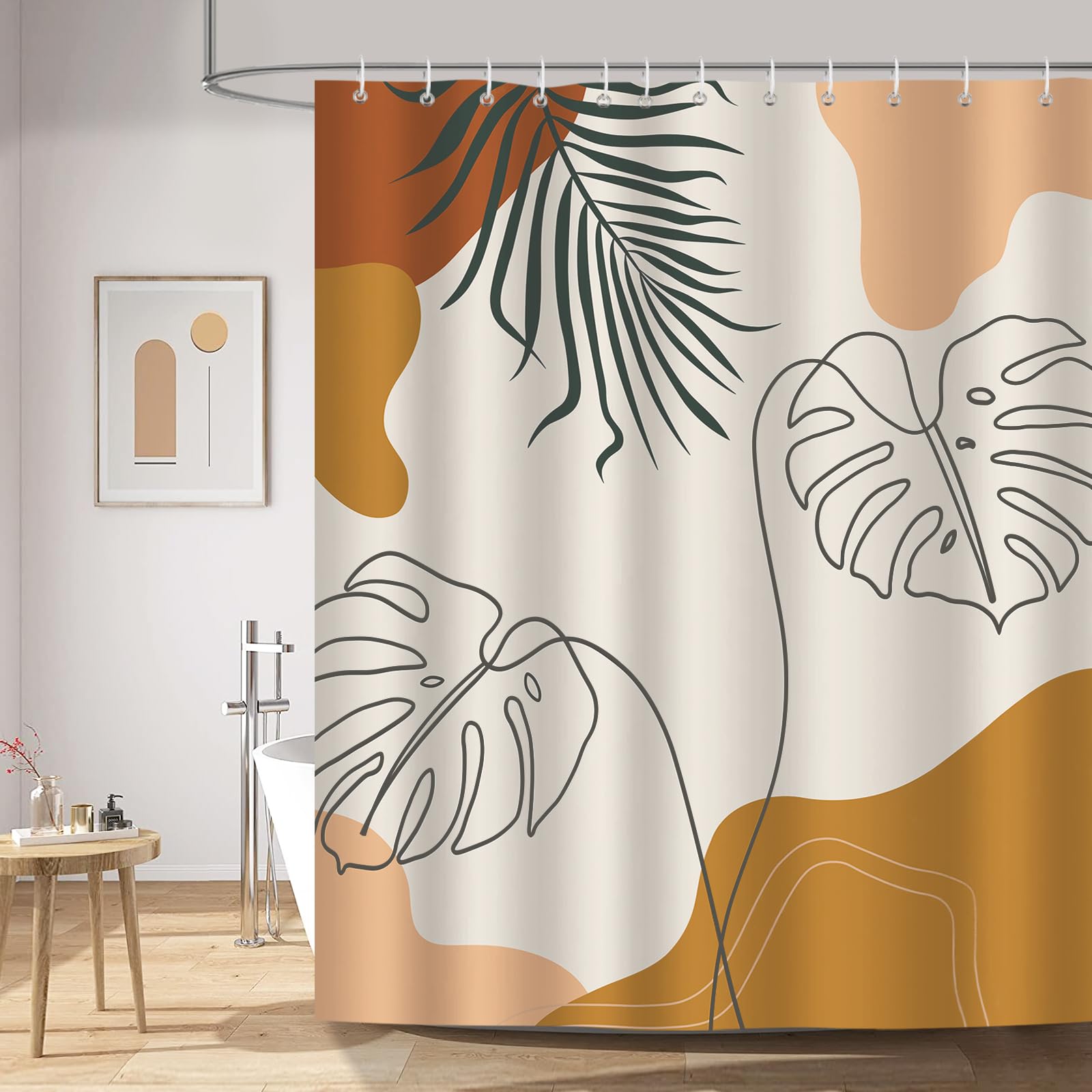 Bonhause Green Leaf Mid Century Abstract Shower Curtain for Bathroom Boho Arch Sun Decorative Bath Curtain 72 x 72 Inch Polyester Fabric Waterproof Bathroom Curtain with 12 Hooks