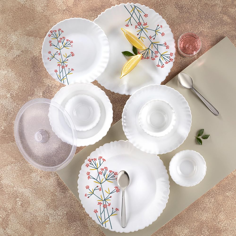 Larah By Borosil Silk Series Red Bud Opalware Dinner Set With Steel Spoon | 55 Pcs For Family Of 8 | Microwave & Dishwasher Safe
