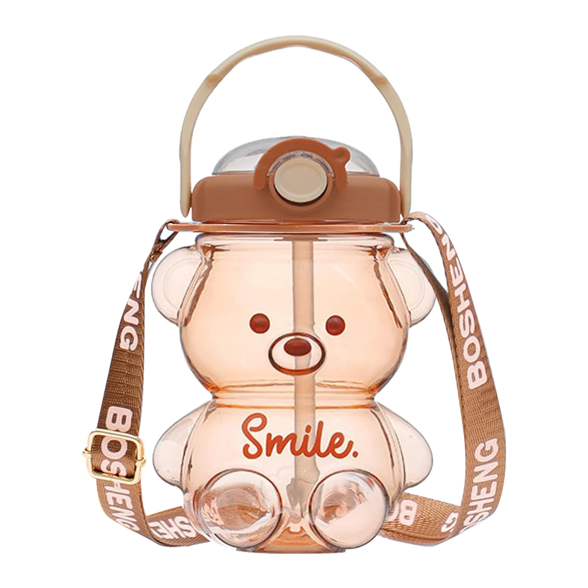 Pesoncarl Kawaii Water Bottle with Straw and Strap, 1L Cute Bear Water Bottles Portable Leakproof BPAFree Plastic Drinking Cups
