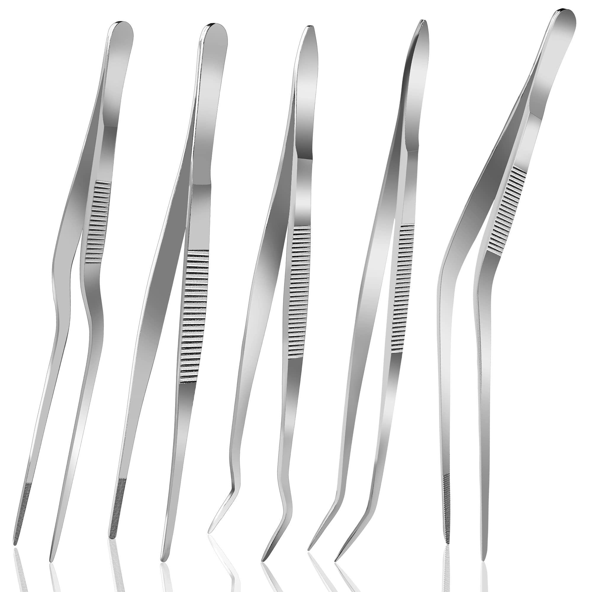 5Pcs 6.3 Inch Food Tweezers Tongs Stainless Steel With Precision Serrated Tips, Kitchen Tweezers Tongs Set For Cooking, Baking,