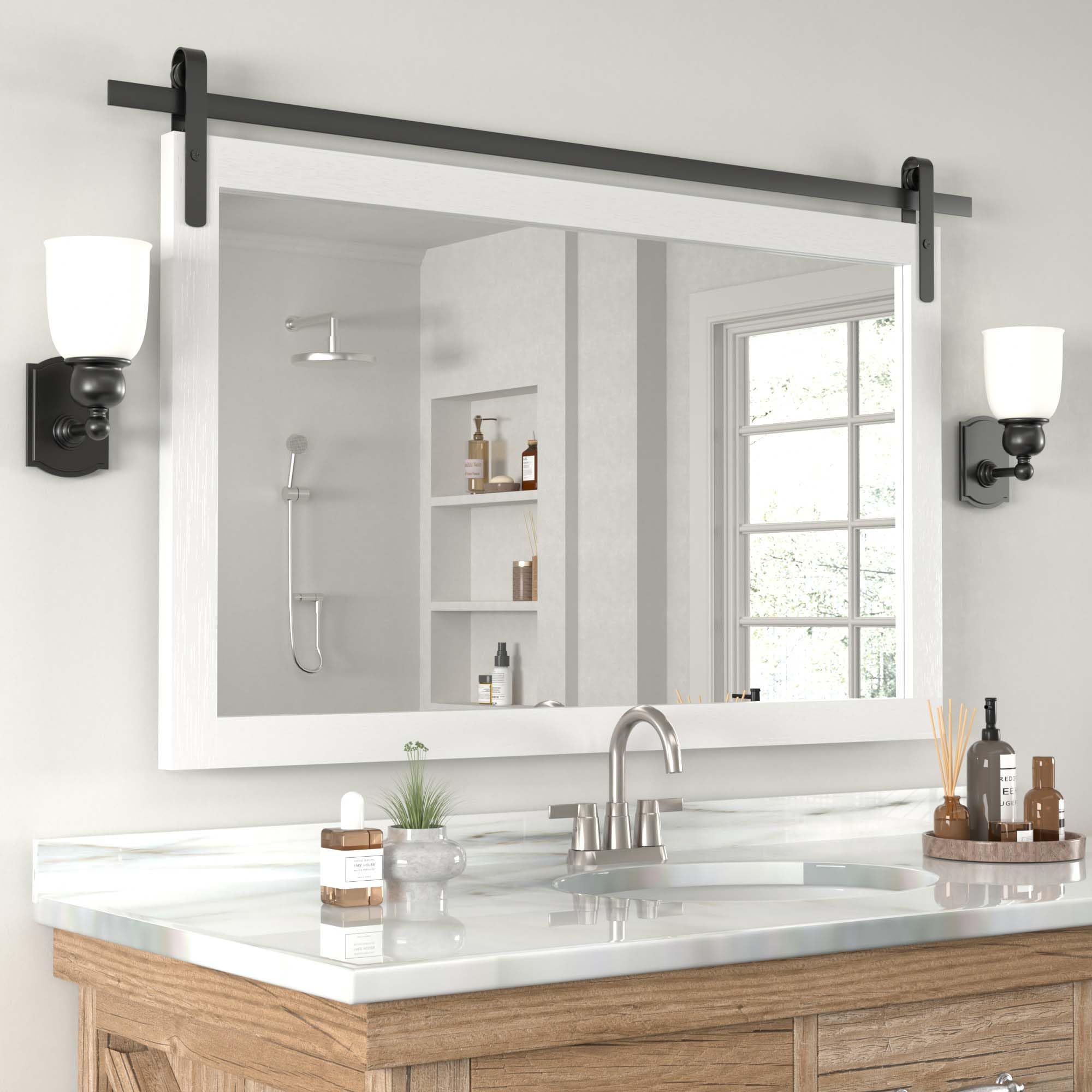 PAIHOME Large White Bathroom Mirror, Farmhouse Horizontal Rustic Square Mirror for Wall Wood Framed Vanity Mirrors, Barn Door St