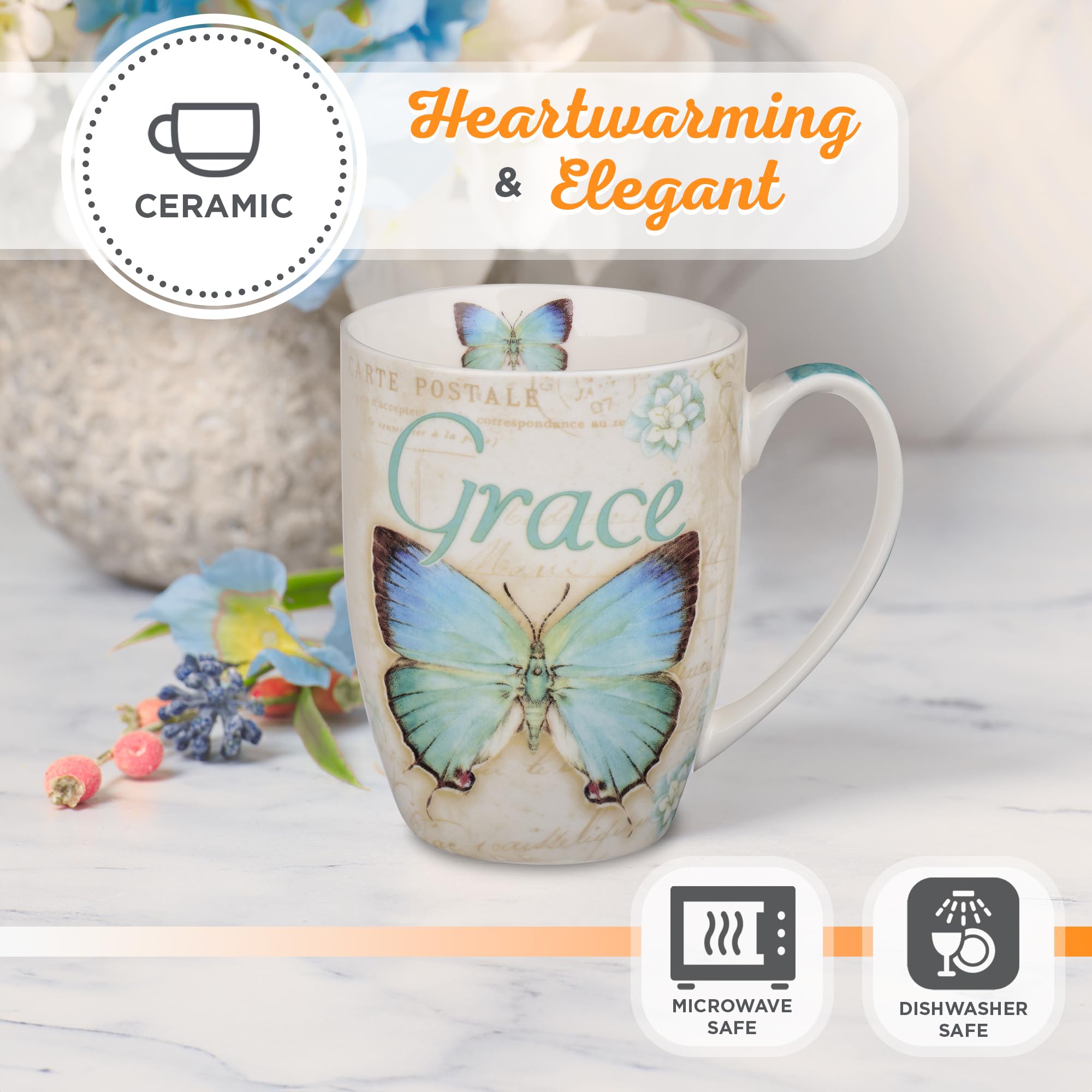 Christian Art Gifts Botanic Blue Butterfly Ceramic Coffee Mug - Inspirational Coffee Cup For Women & Men 12 Oz. Lead-Free Microw