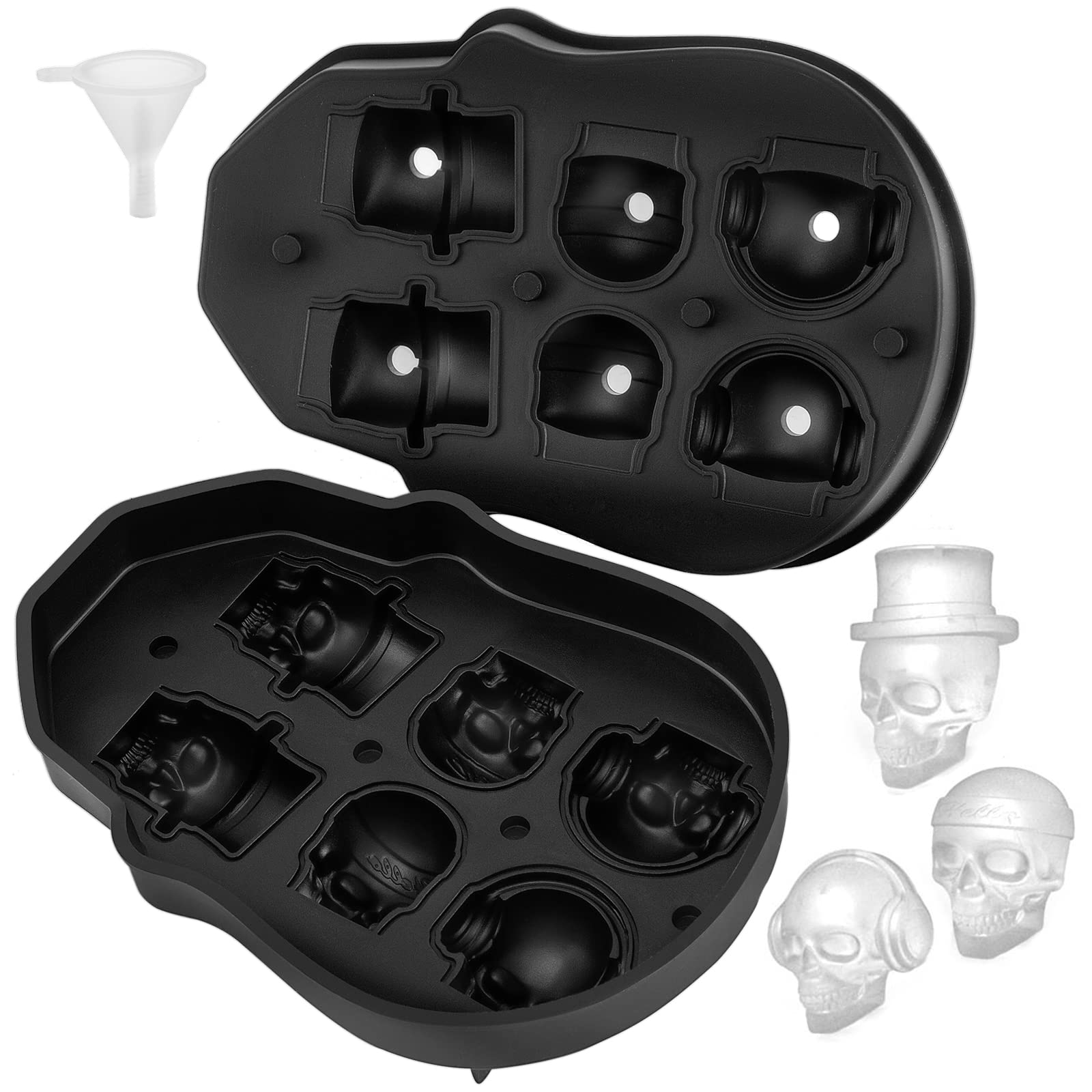 Vevor Skull Ice Cube Tray, 6-Grid Skull Ice Ball Maker, Flexible Black Silicone Ice Tray With Lid & Funnel, Skull Ice Cubes In 3