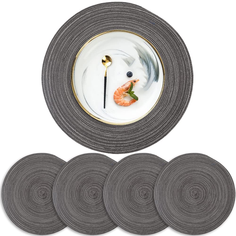 Homedge Round Placemat, Set Of 4 Braided Washable Table Mats 15 Inches-Black&Gray
