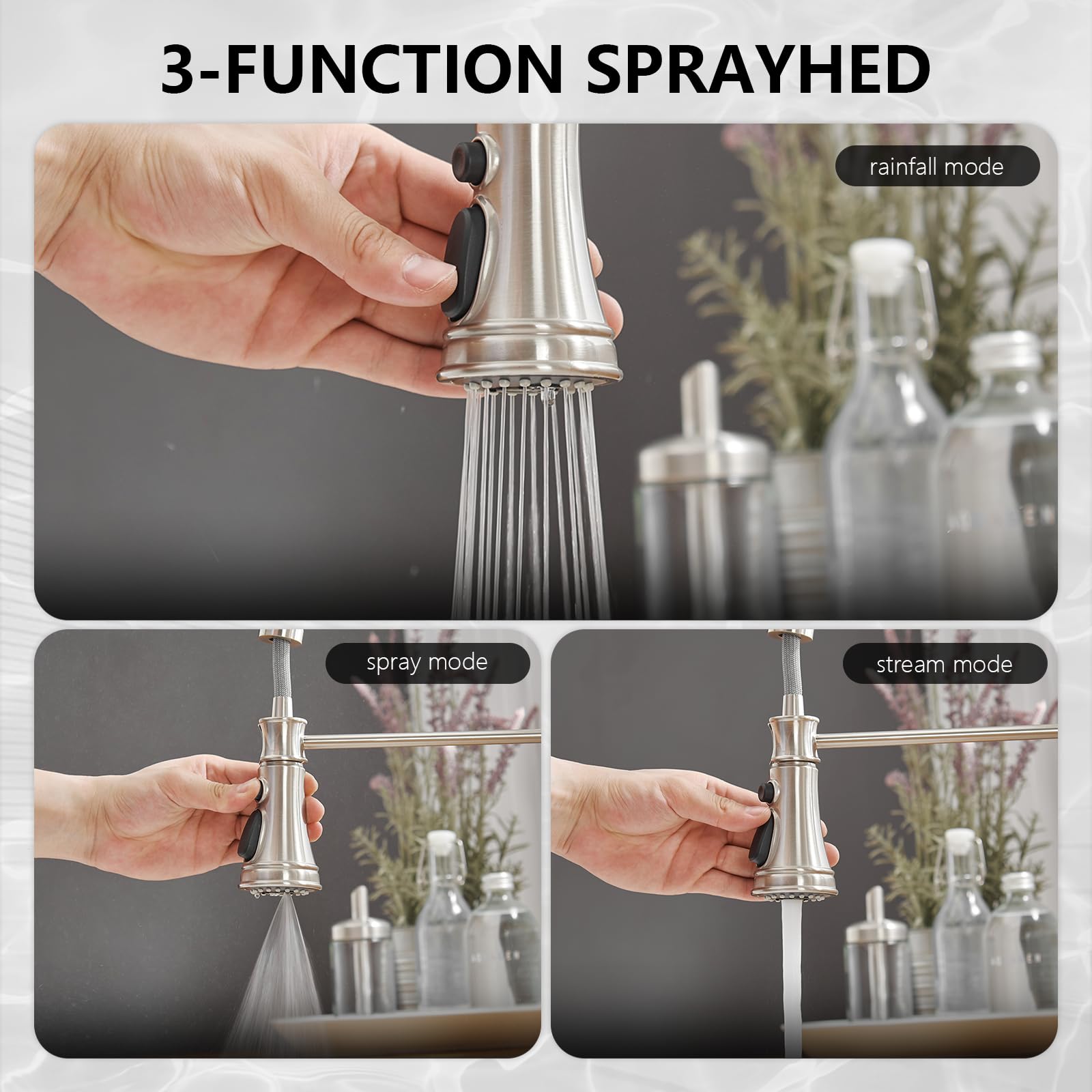 BWE Kitchen Sink Faucet Brushed Nickel with Deck Plate Single Handle Lever with Pull Down Sprayer Spring Kitchen Faucet 3 Function High Arc Lead-Free Farmhouse Commercial Bar Kitchen Faucets