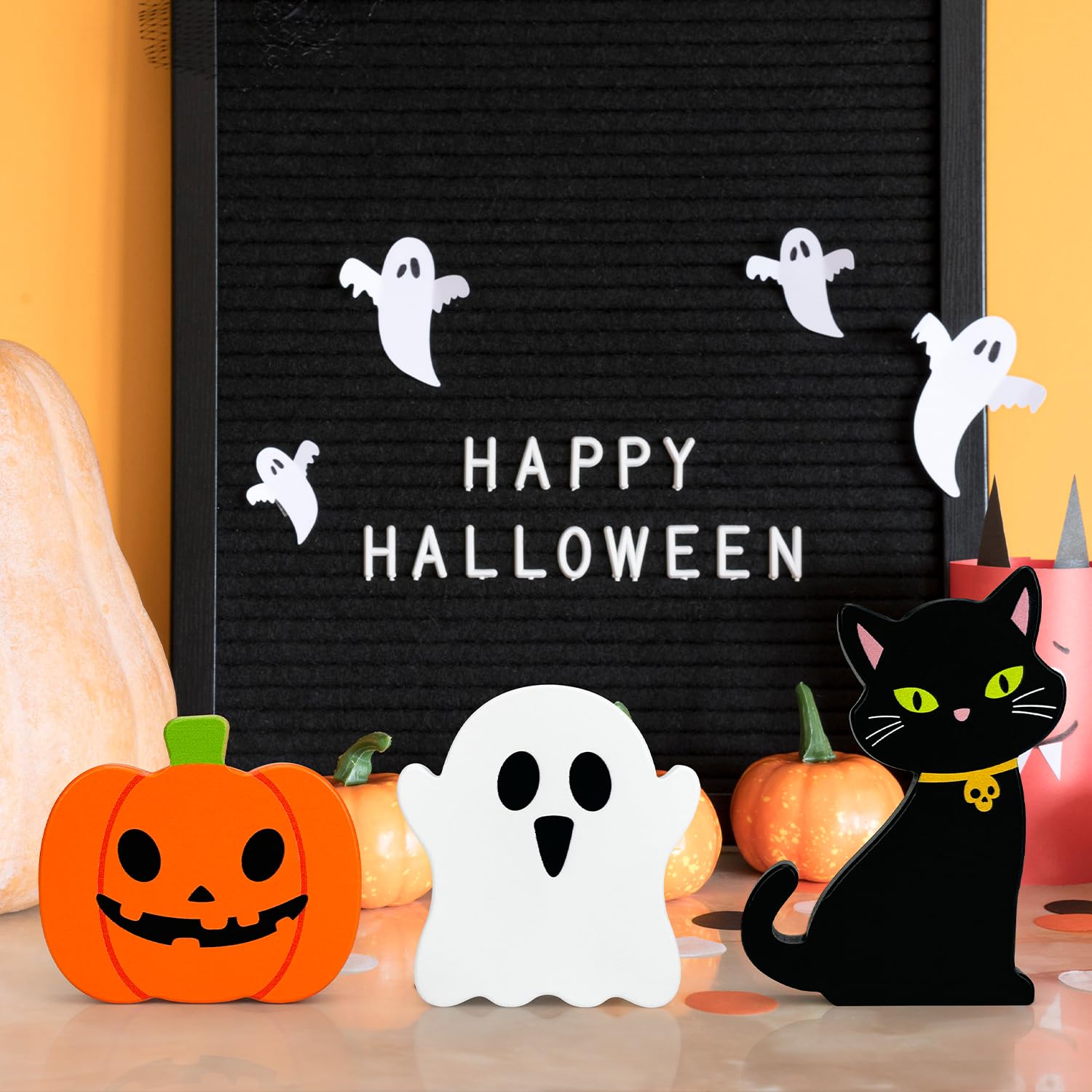 Halloween Decorations for Indoor Home 3 Pcs, Cute Wooden Pumpkin Ghost Black Cat Decor for Tabletop Tiered Tray, Halloween Cente