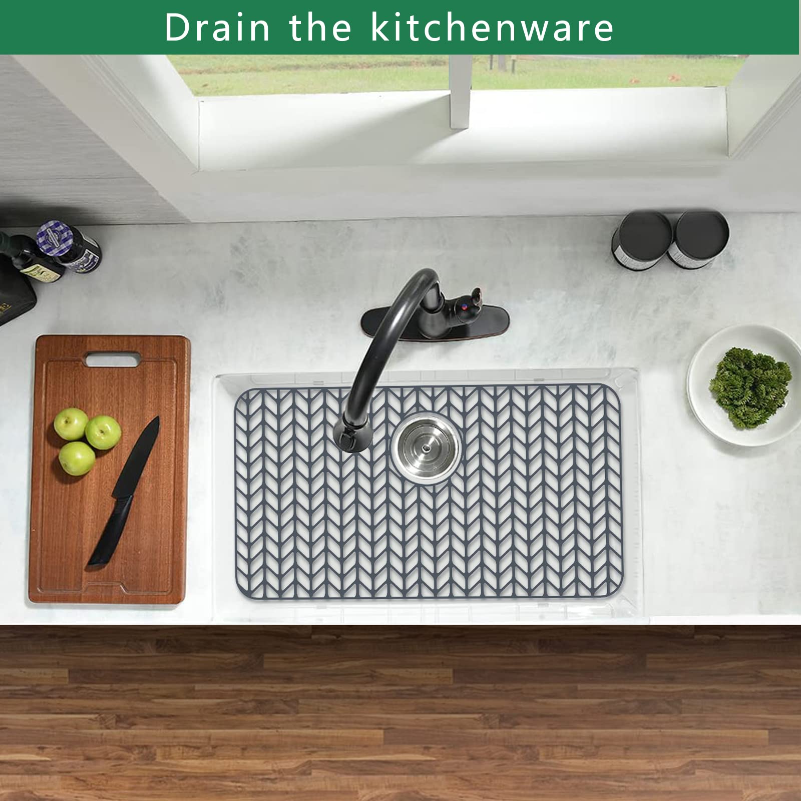 GUUKIN Sink Protectors for Kitchen Sink  26''x 14'' Silicone Kitchen Sink Mat Grid for Bottom of Farmhouse Stainless Steel Porcelain Sink with Rear Drain (Grey)