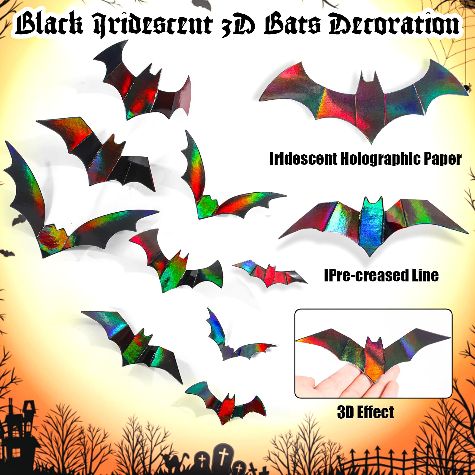 KIMOBER 144pcs Halloween Bats Wall Decor Iridescent Holographic Paper 3D Bat Wall Decal Stickers for Halloween Party Supplies