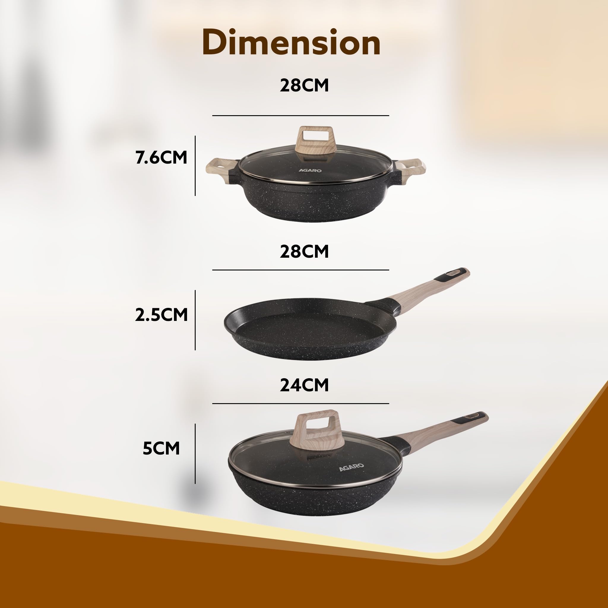 AGARO Imperial Granite Non Stick Cookware Set, 3pcs Cookware Set, 24cm Frying Pan with Glass Lid, 28cm Dosa Tawa, 28cm Kadai wit