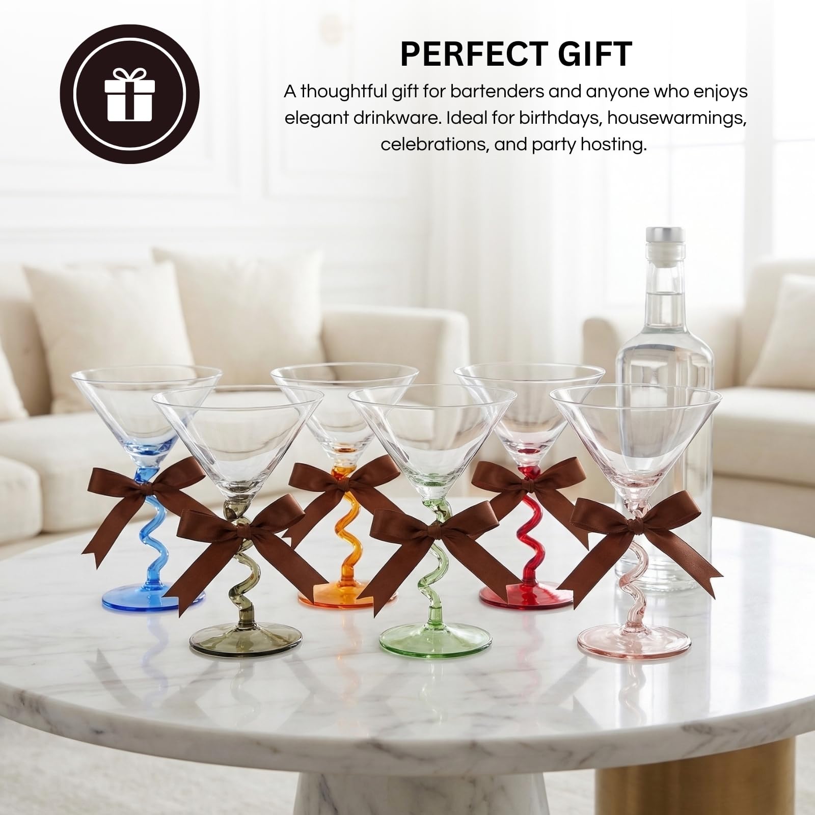 Spiral Stem Martini Glasses Set of 6, 9.2oz 7.05" Multicolor Twisted Base Glass