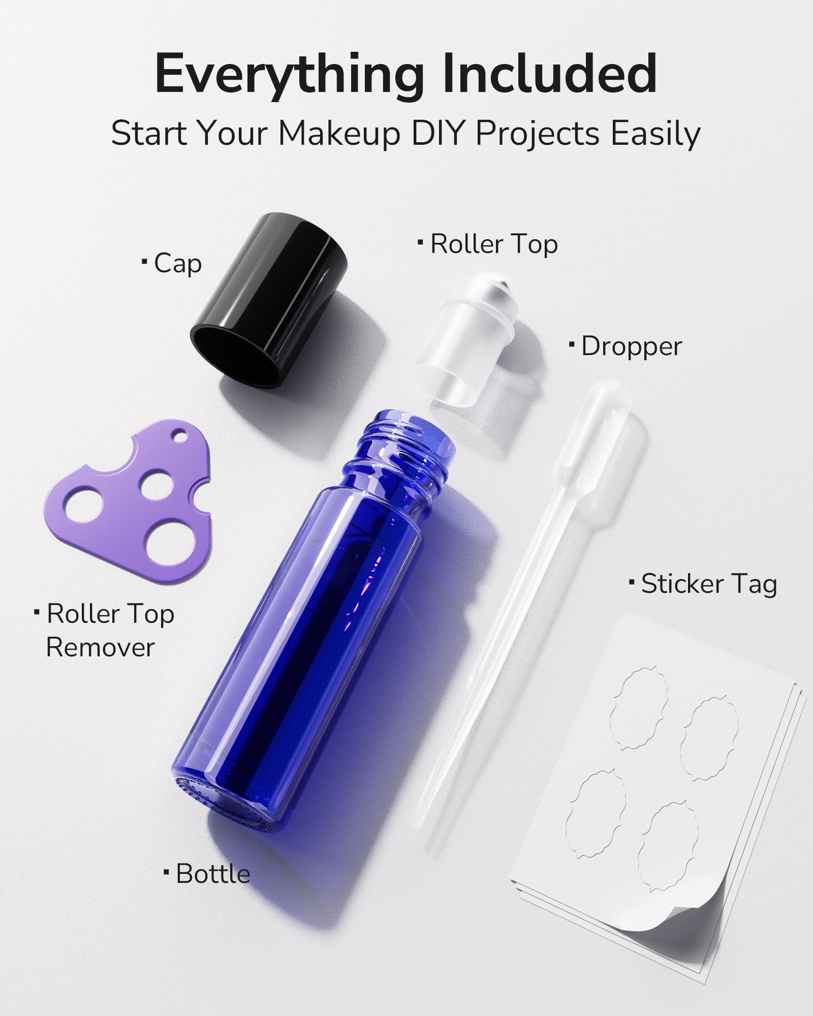 ULG Essential Oil Roller Bottles 48 Pack 10ml Cobalt Blue Glass Empty Bottles with Stainless Steel Roller Balls (10 Extra Roller Balls  4 Openers  4 Droppers  48 Waterproof Labels)