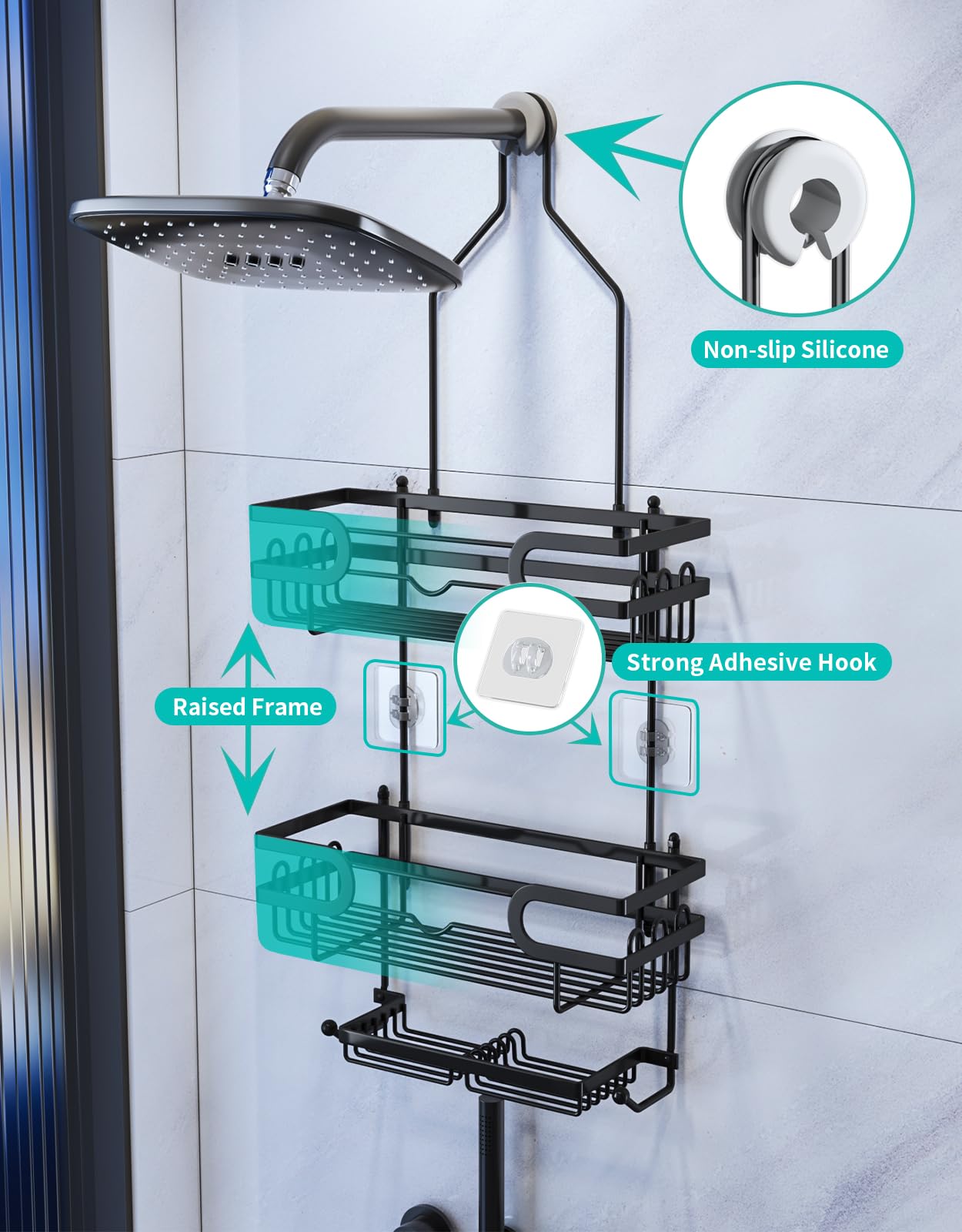 Hapirm Bathroom Hanging Shower Caddy - Rustproof & Waterproof Shower Shelf Over Shower Head With 12 Hooks And 2 Soap Holders, No