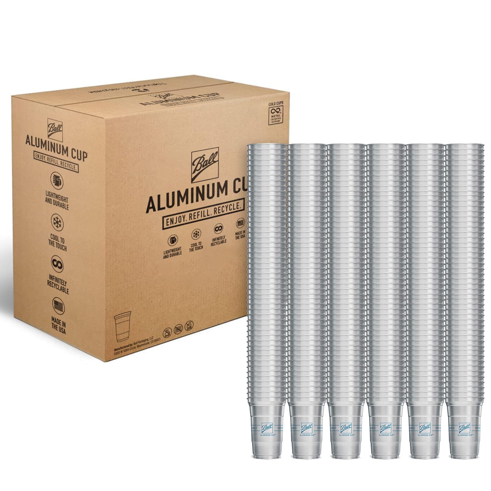 Ball Aluminum Cup Recyclable Party Cups, Wholesale Bulk Pack, Ball Logo, 20 Oz. Cup, 600 Cups Per Pack