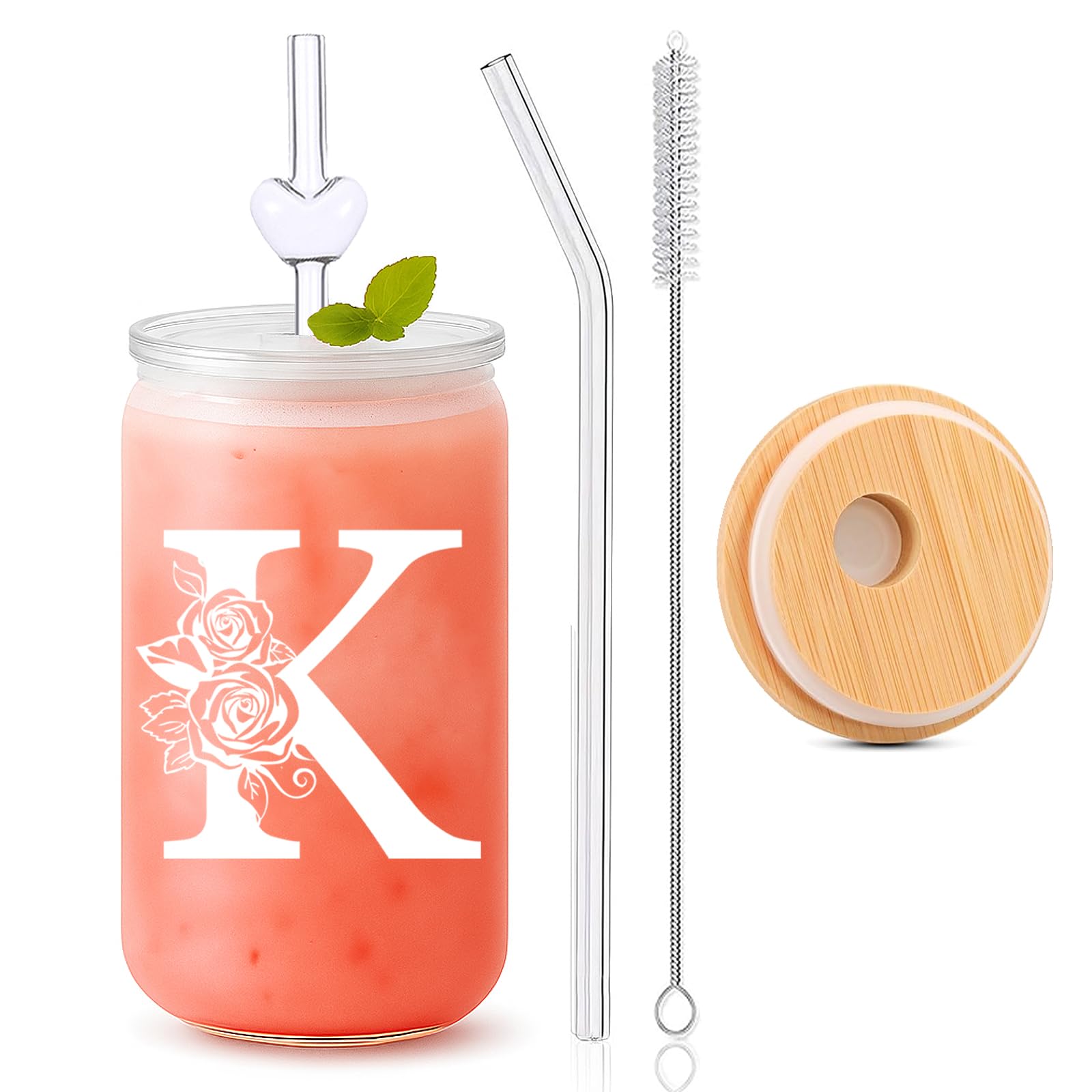 DAMCONME Monogrammed Gifts for Women, Initial K Glass Cup with Lid and Straw, Monogram Tumbler for Her, Personalized Gift