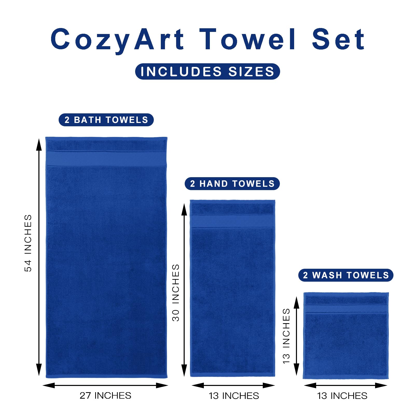 Cozyart Royal Blue Bath Towels Set 6 Piece, 2 Bath Towels 2 Hand Towels 2 Washcloths, Luxury 100% Turkish Cotton 650Gsm Hotel Qu