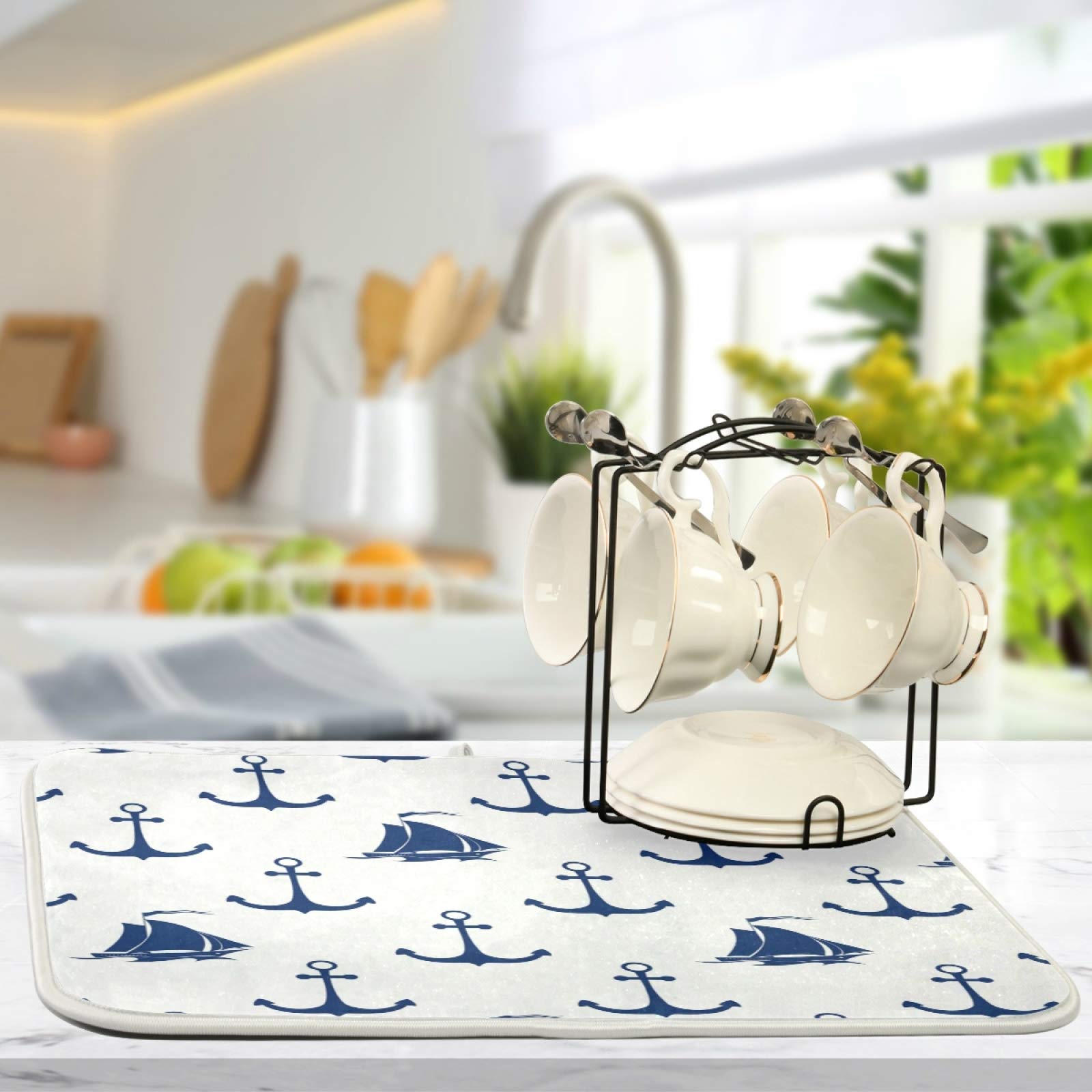 Wfrish Anchor Sailboat Pattern Dish Drying Mats Nautical Anchor Pattern Drying Mat With Hanging Loop Absorbent Dishes Drainer Pa