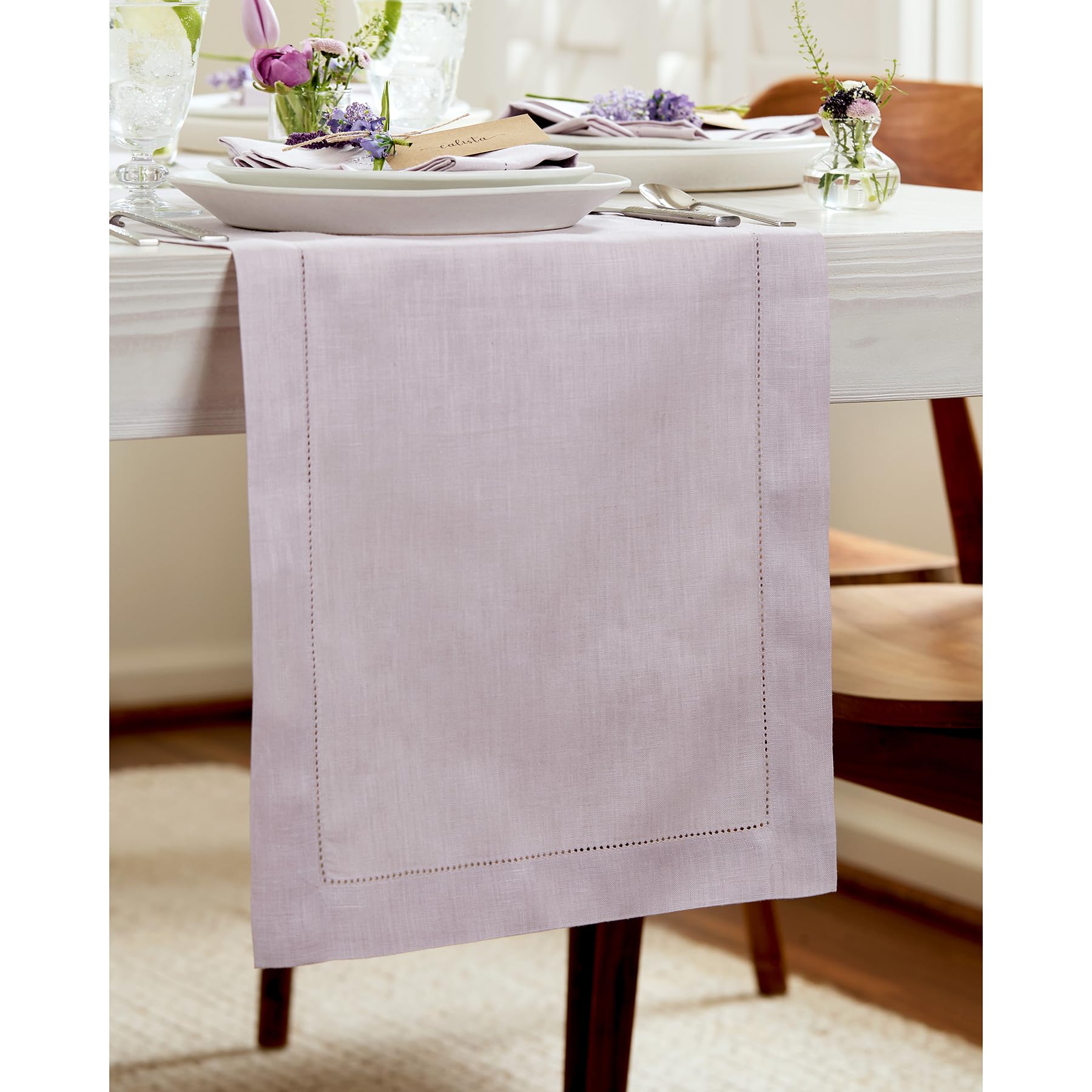 Solino Home Linen Lilac Table Runner 132 Inches Long - 100% Pure Linen Classic Hemstitch Dining Table Runner 14 X 132 Inch Ideal