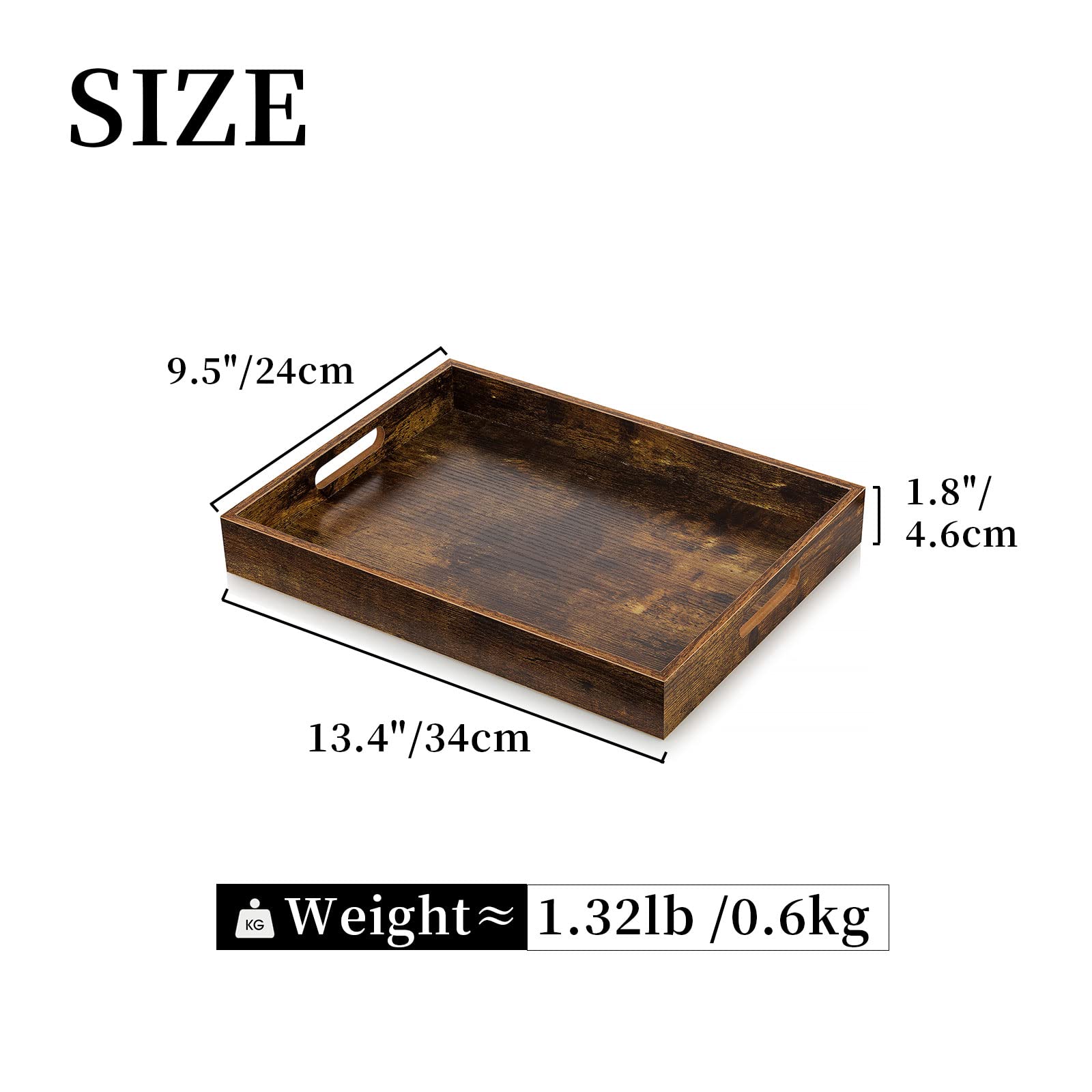 Hanobe Brown Decorative Serving Trays: Rustic Brown Rectangle Tray Decor With Cutout Handles For Coffee Table Ottoman Living Roo