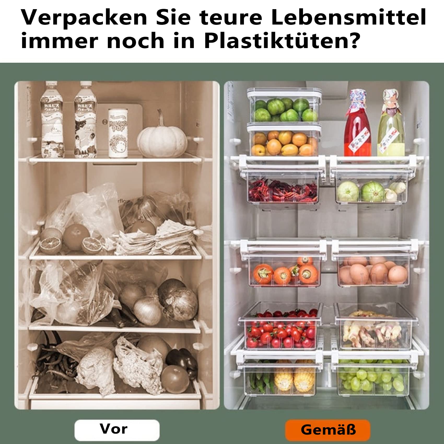Yekoumax Fridge Drawer Organizer, Refrigerator Organizer Bins, Pull Out With Handle, Fridge Shelf Holder Storage Box, Clear Cont