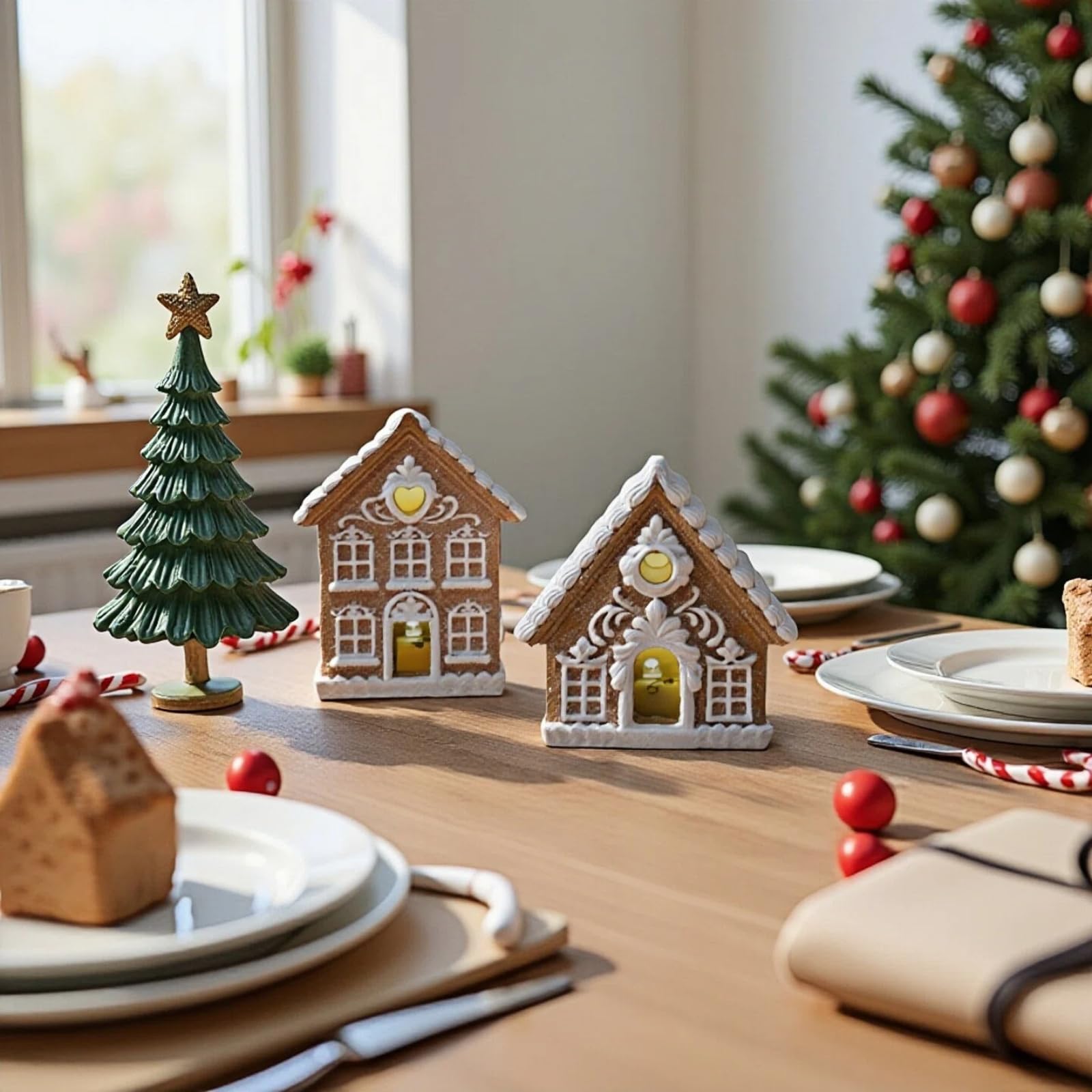Braxio Indoor Christmas Decorations Gingerbread House Kit 2PCS with LED Light - 3 Inch Miniature Resin Houses for Indoor Home De