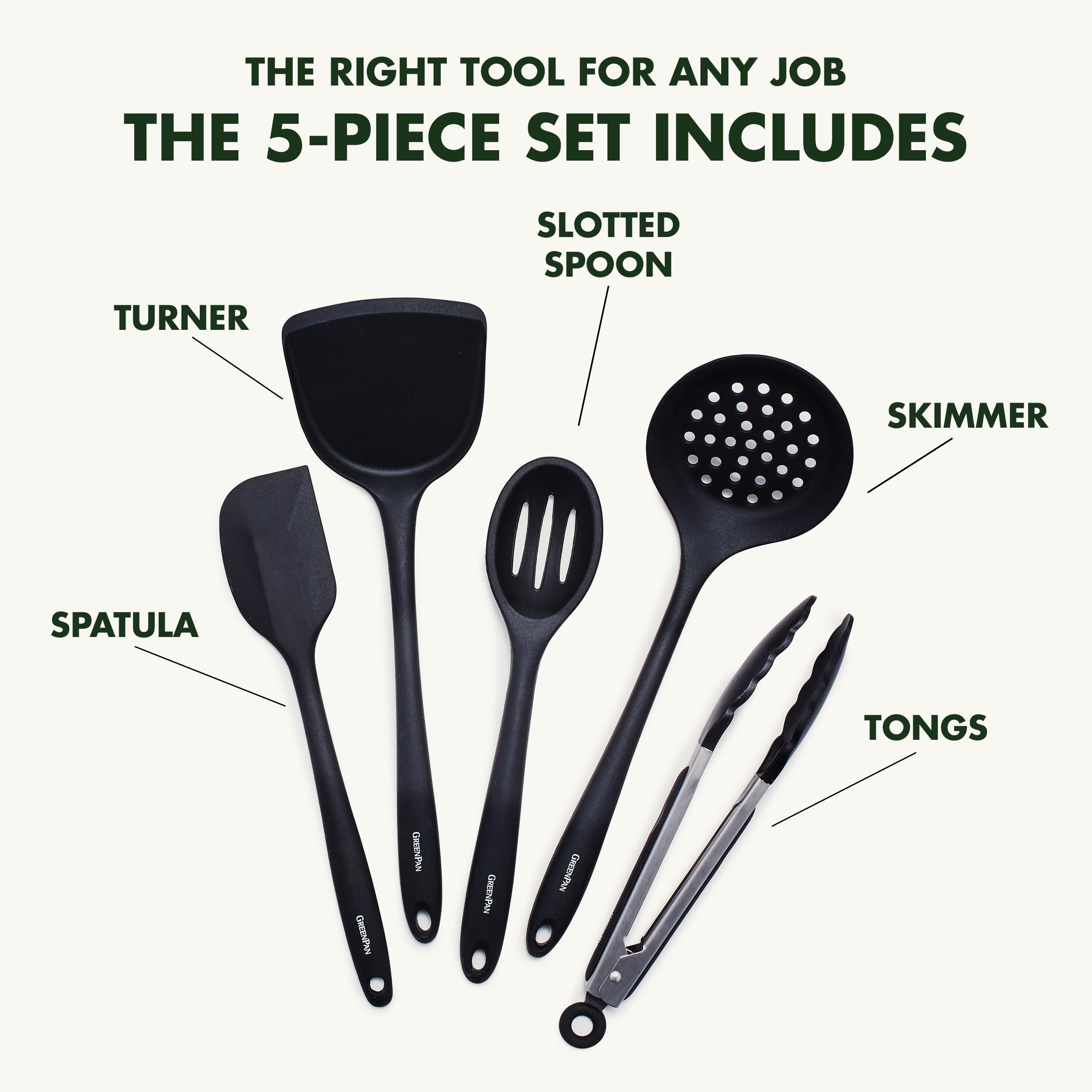 GreenPan 5 Piece Silicone Cooking Utensil Set - Nonstick, Stain-Free, Black - Tongs, Turner, Spatula, Skimmer, Slotted Spoon