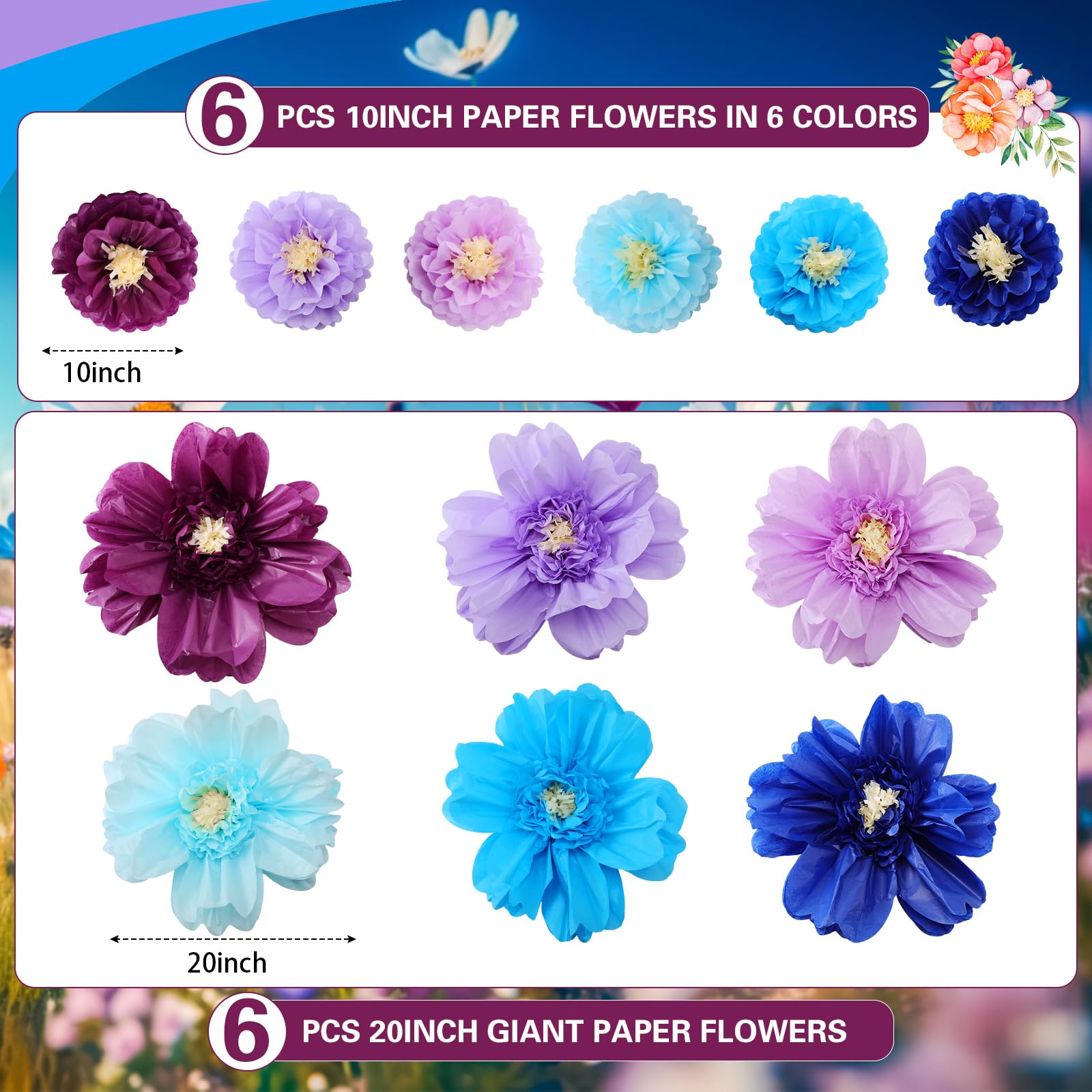 Crowye 12 Pcs Large Colorful Tissue Paper Flowers Decorations 20 Giant Fiesta Crepe Paper Flowers for Wall Decor Backdrop Mexica