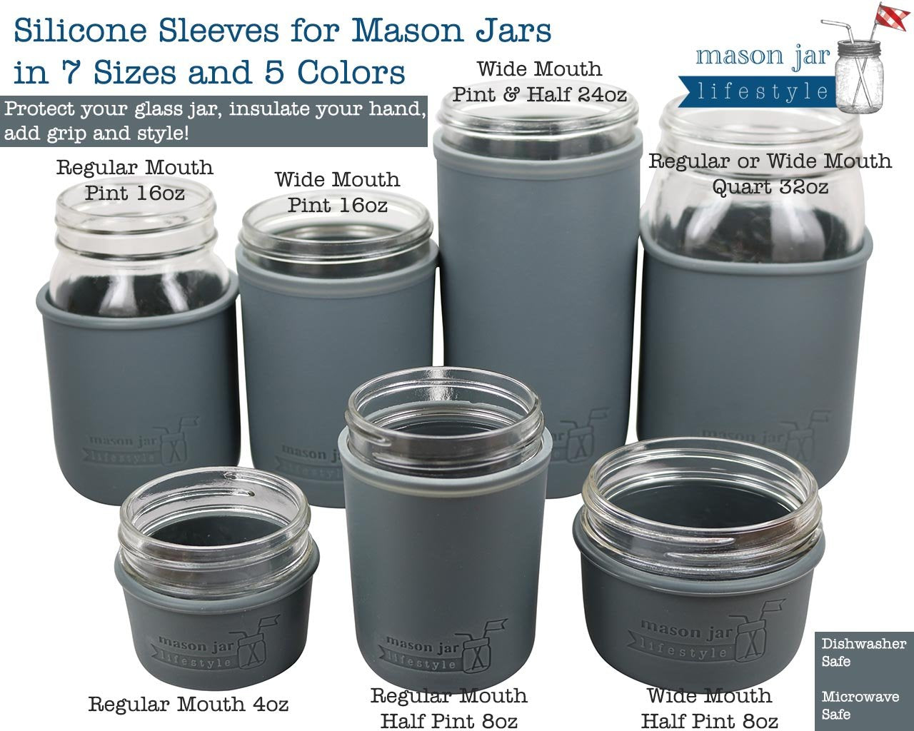 Regular Mouth Half Pint 8Oz Silicone Sleeves/Jackets For Protecting Ball, Kerr, Quilted Canning Jars By Mason Jar Lifestyle (Ult