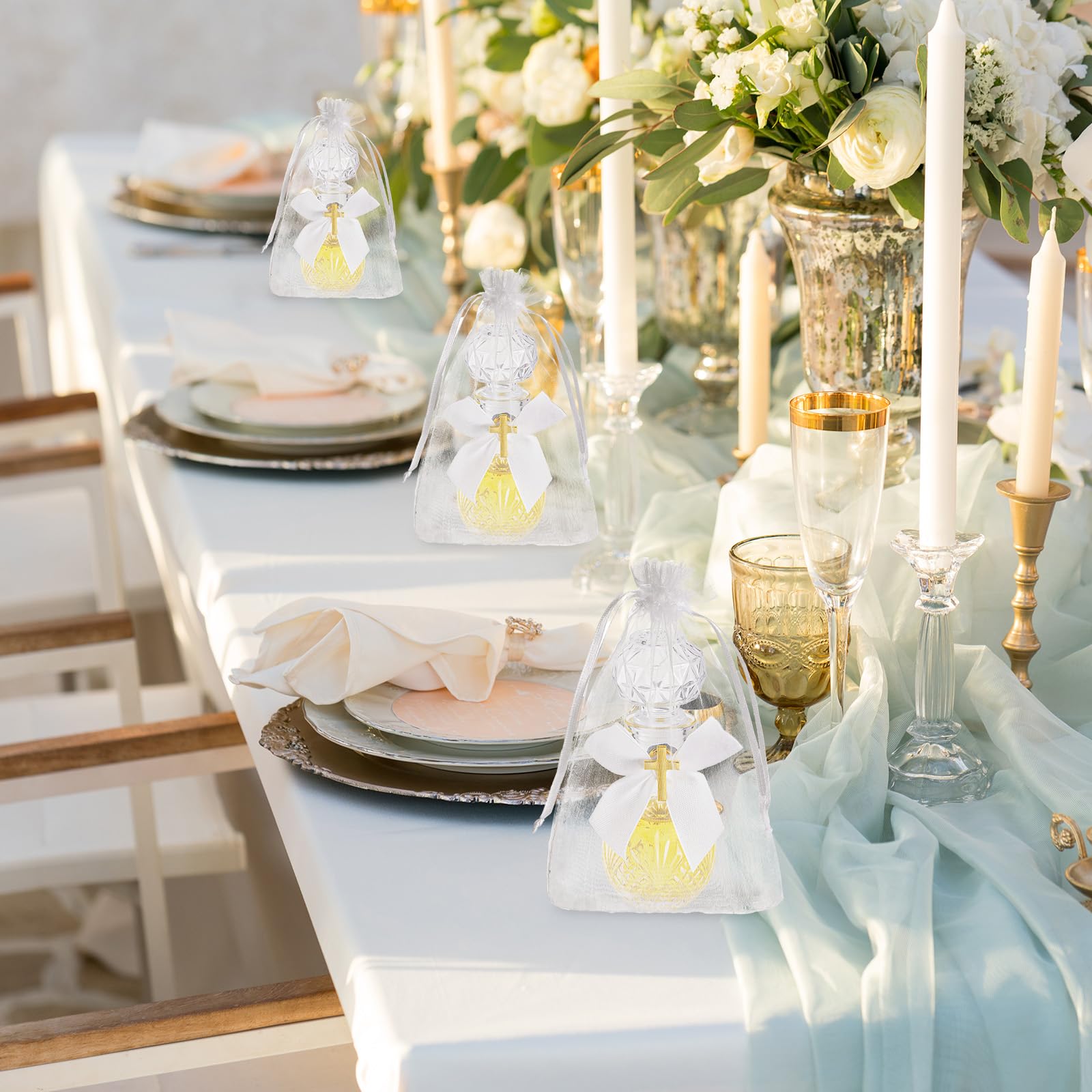 Chuangdi 30 Set Holy Catholic Water Bottles Bulk 50ml Christian Water Container Empty Glass Bottle with Cross Lapel Pin Organza