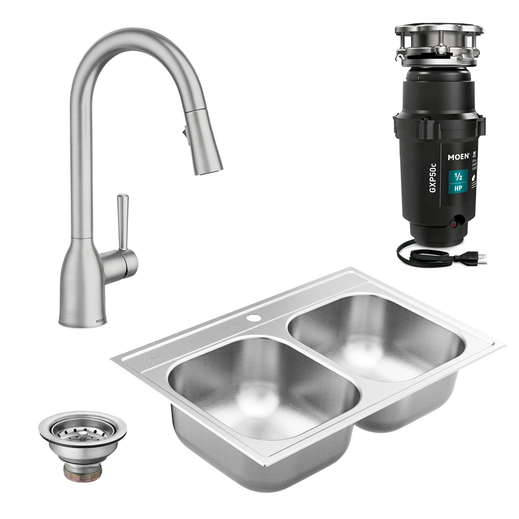 Moen Kitchen Sink Stainless Steel Basket Strainer With Drain Assembly, 3-1/2 Inch Sink Drain Stopper Plug, 22036