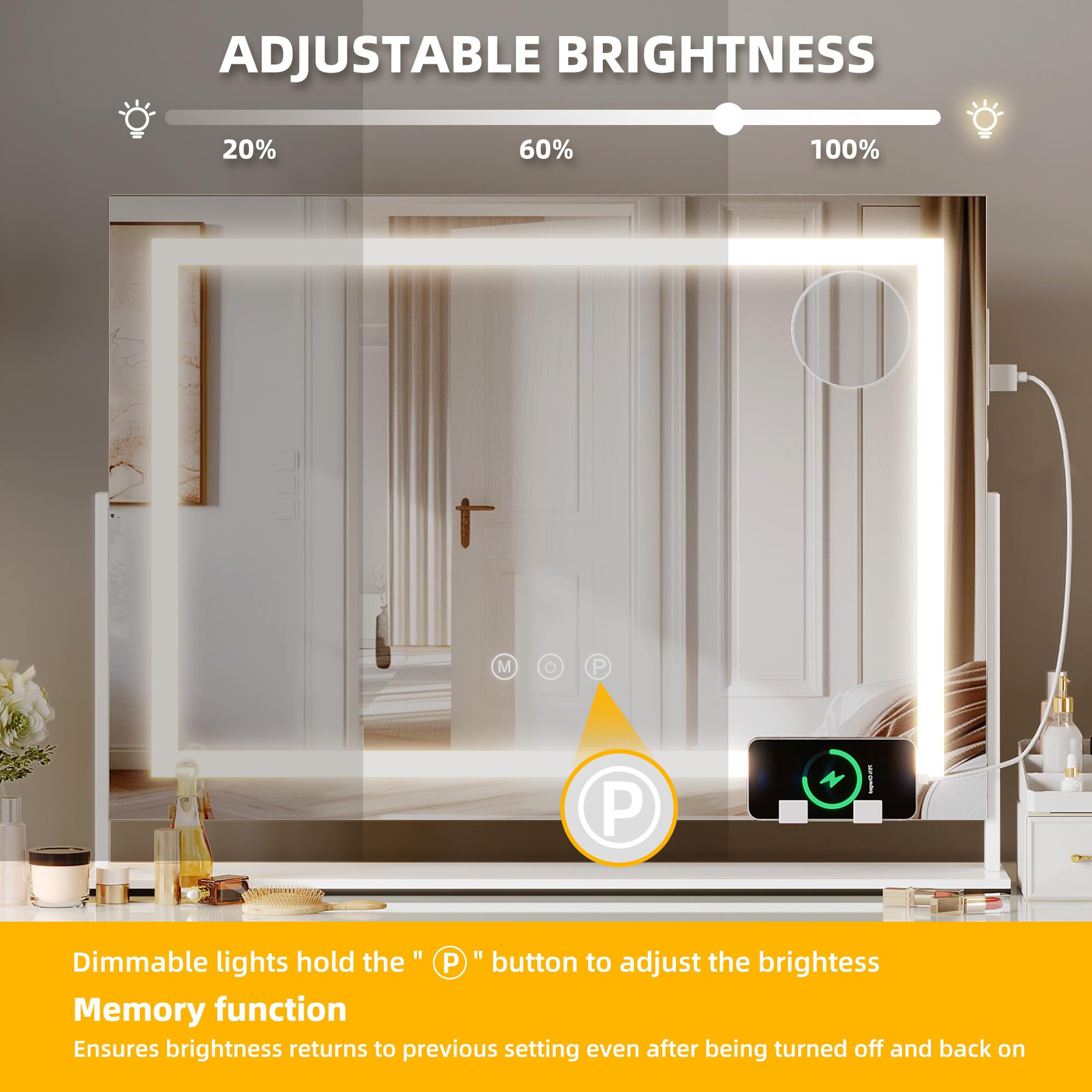 Yitahome Vanity Mirror With Lights 24.6''X20'' Led Lighted Makeup Mirror, Dimmable 3 Color, Large Makeup Mirror With Lights, Led