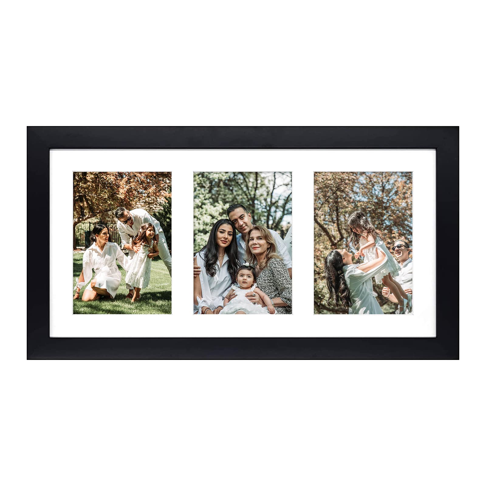 Golden State Art, 9x18 Black Wood Frame - White Mat for Three 5x7 Pictures - Sawtooth Hangers- Swivel Tabs - Wall Mounting - Lan