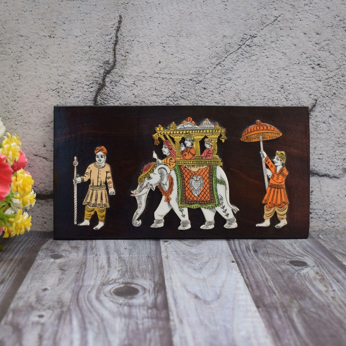 Tarang Arts Rosewood Ambari Elephant Wall Hanging Panel | Handcrafted Rosewood Dasara Procession Inlay Craftwork Wooden Wall Dec