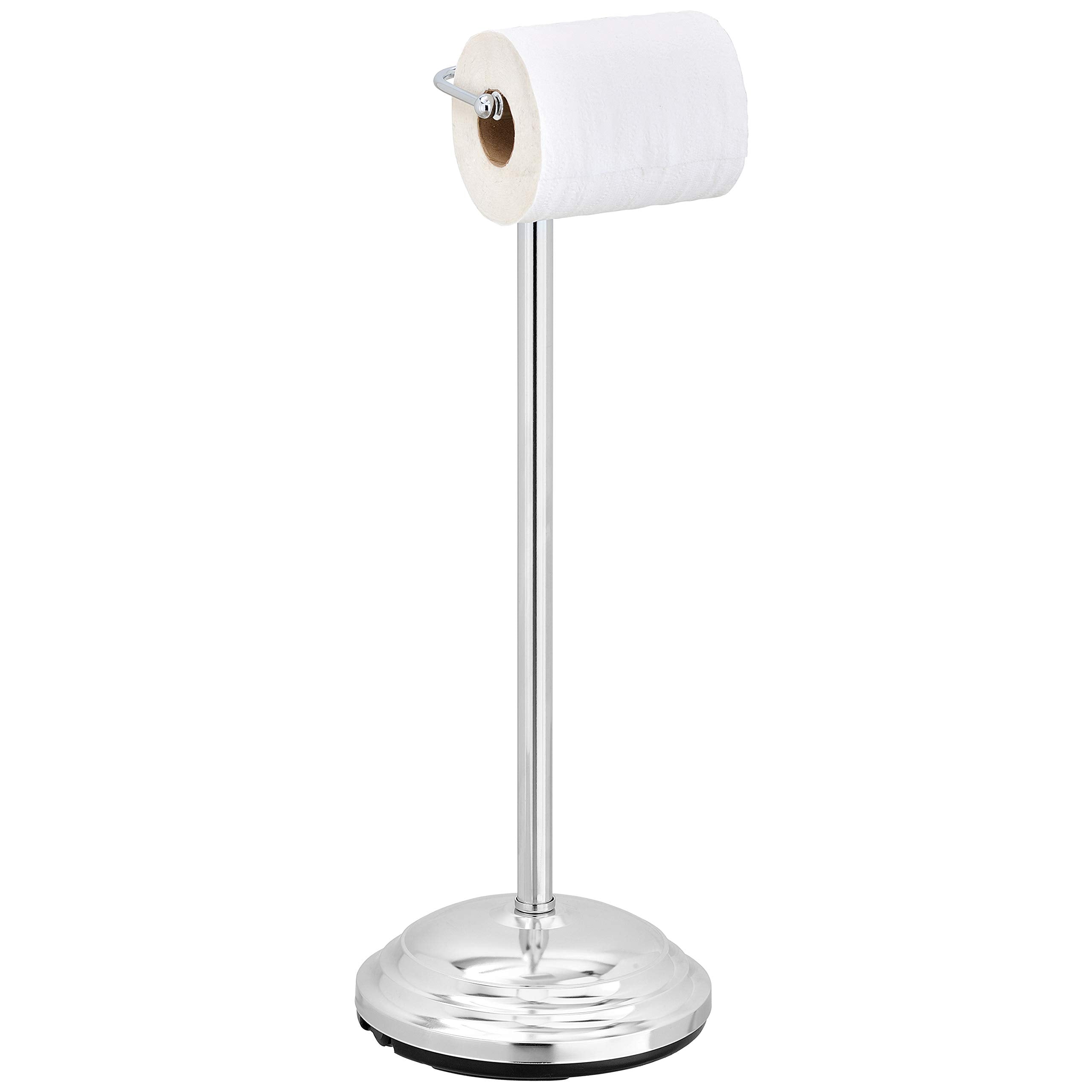 Mygift Silver Chrome-Plated Metal Heavy Weighted Free Standing Toilet Paper Holder, Classic Bathroom Single Roll Dispenser Stand