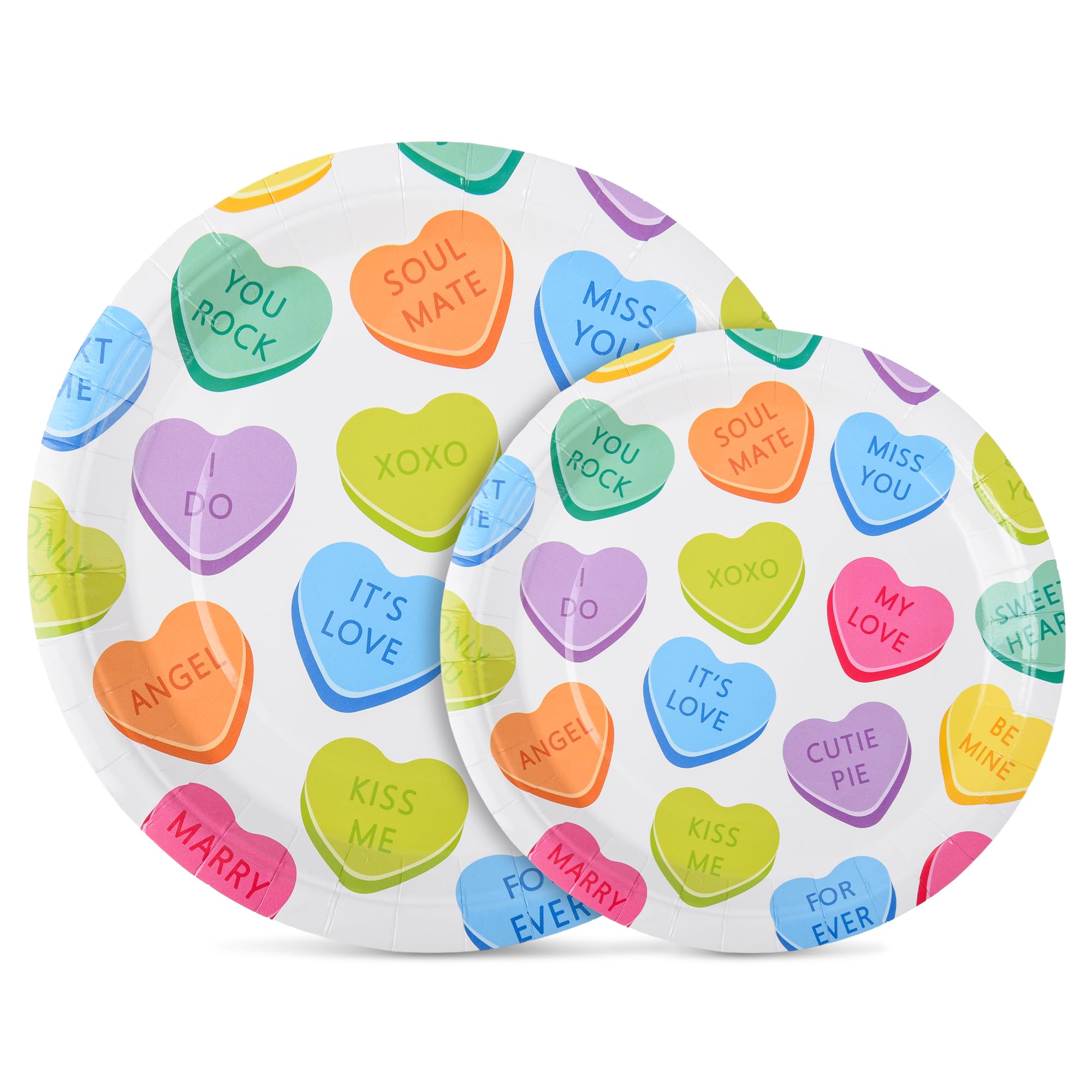 Allreal 50Pcs Valentine'S Day Paper Plates Conversation Heart Party Plates Red Colorful Decorative Hearts Disposable Round Dinne