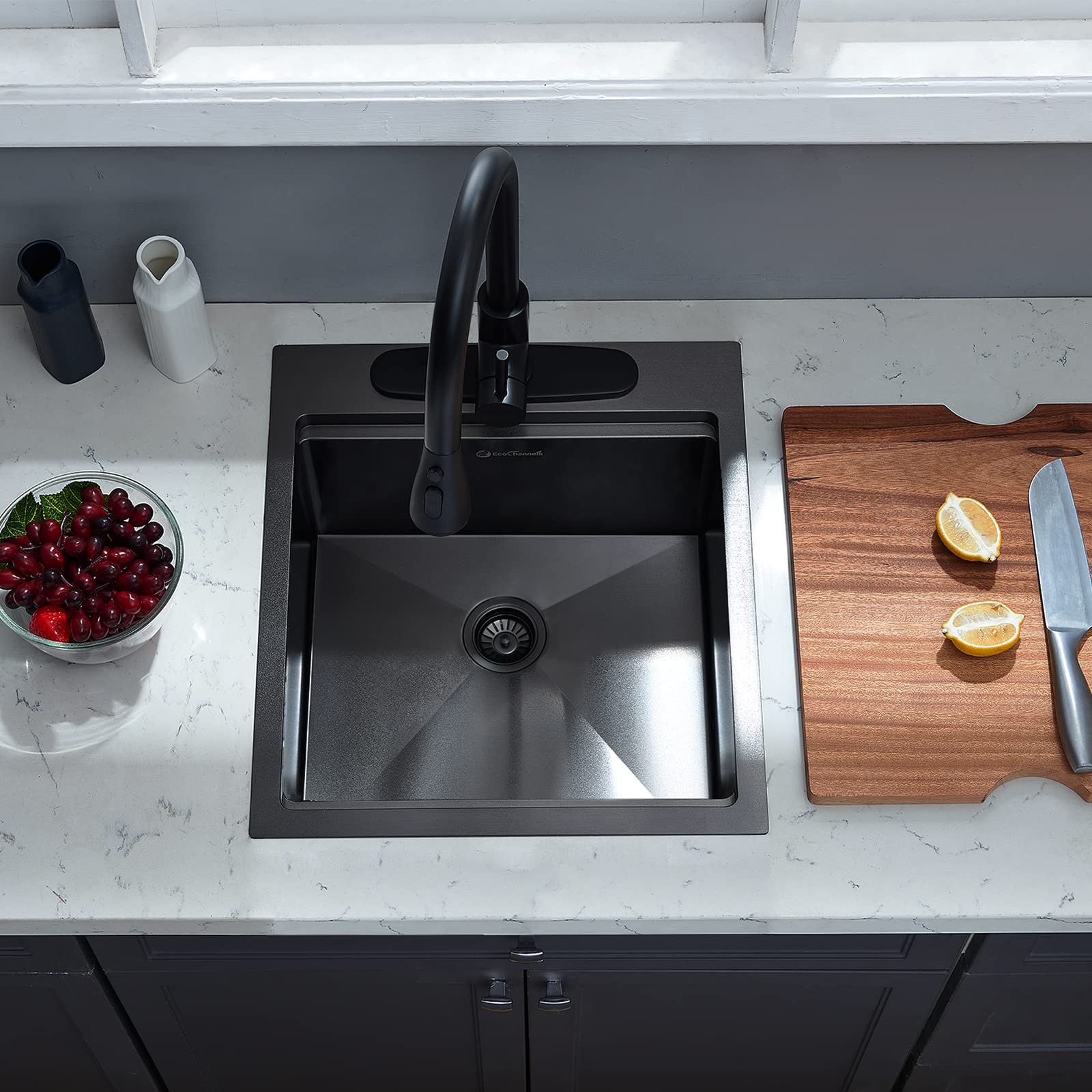 Ecochannels Kitchen Sink, 17 X 19 Inch Drop In Bar Sink Gunmetal Black Stainless Steel Workstation Sink Topmount Kitchen Sink Si
